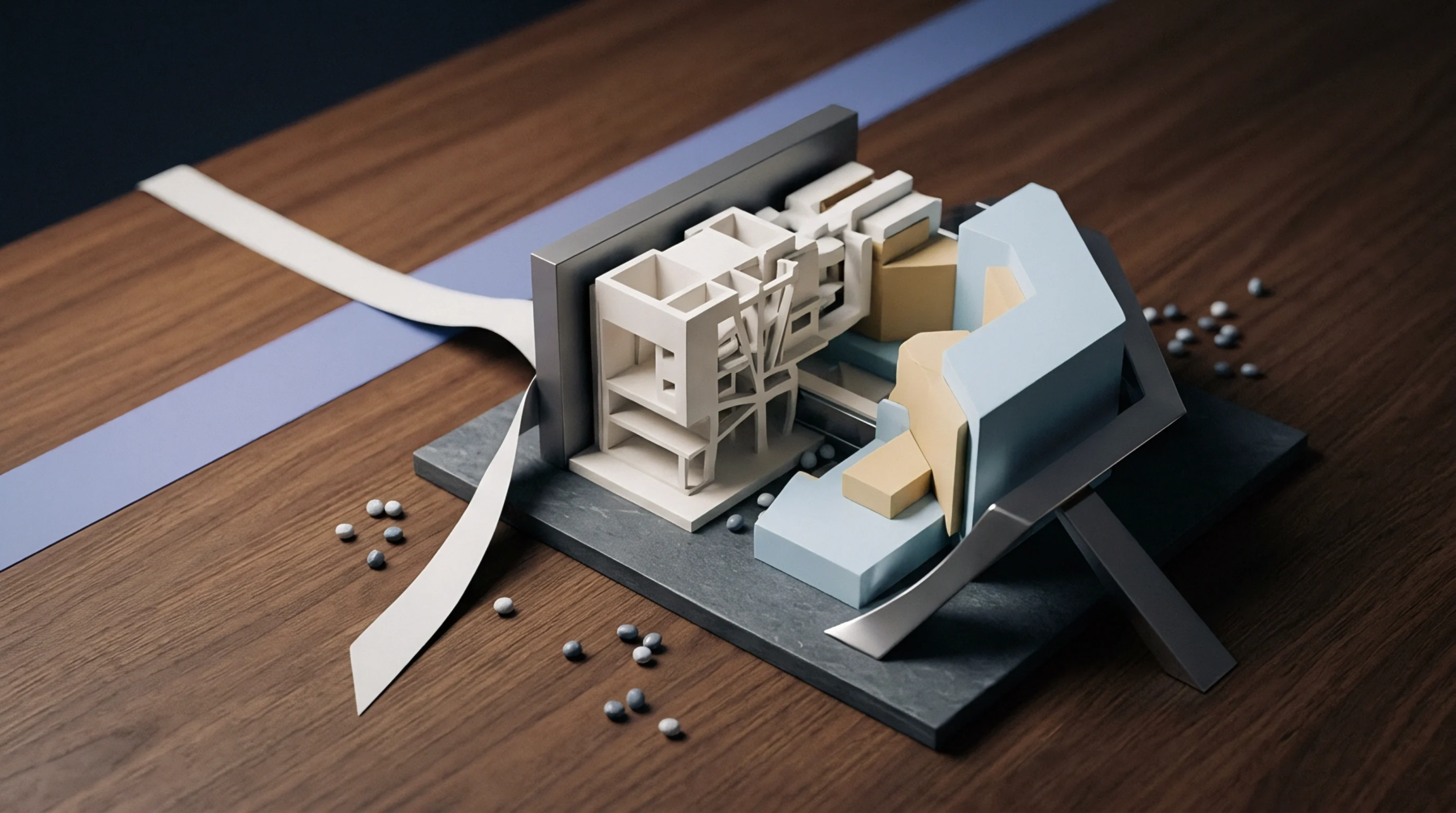 An architectural scale model sits on a wooden desk featuring a white structure adjacent to light blue geometric volumes.