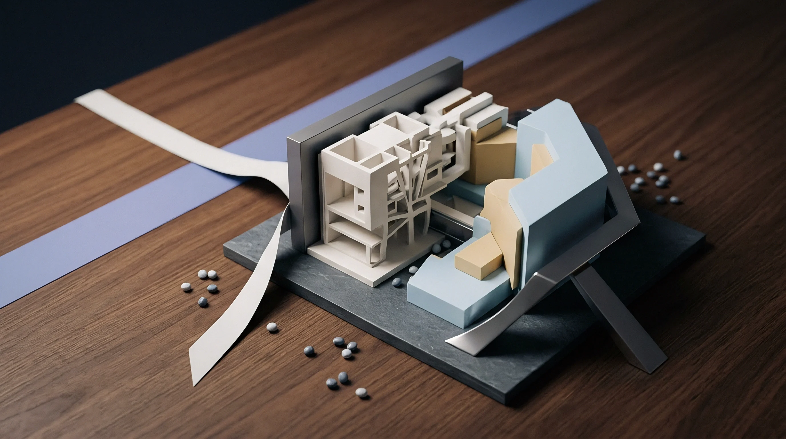 An architectural scale model sits on a wooden desk featuring a white structure adjacent to light blue geometric volumes.