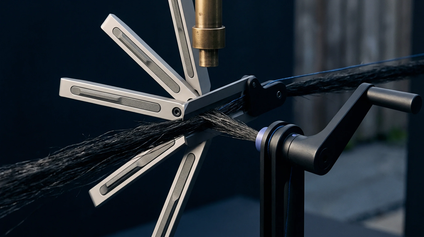 A metal assembly fixture holds dark fibrous material alongside a manual crank mechanism inside a dark production studio.
