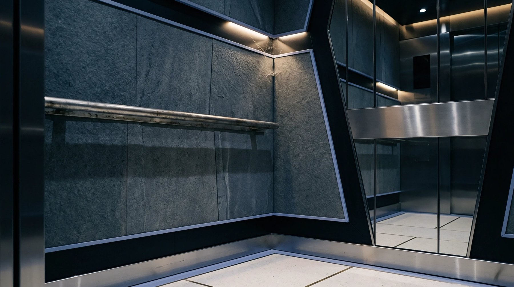 A contemporary elevator interior features dark textured wall panels, polished metal trim, and integrated cove lighting illuminating the structured space.