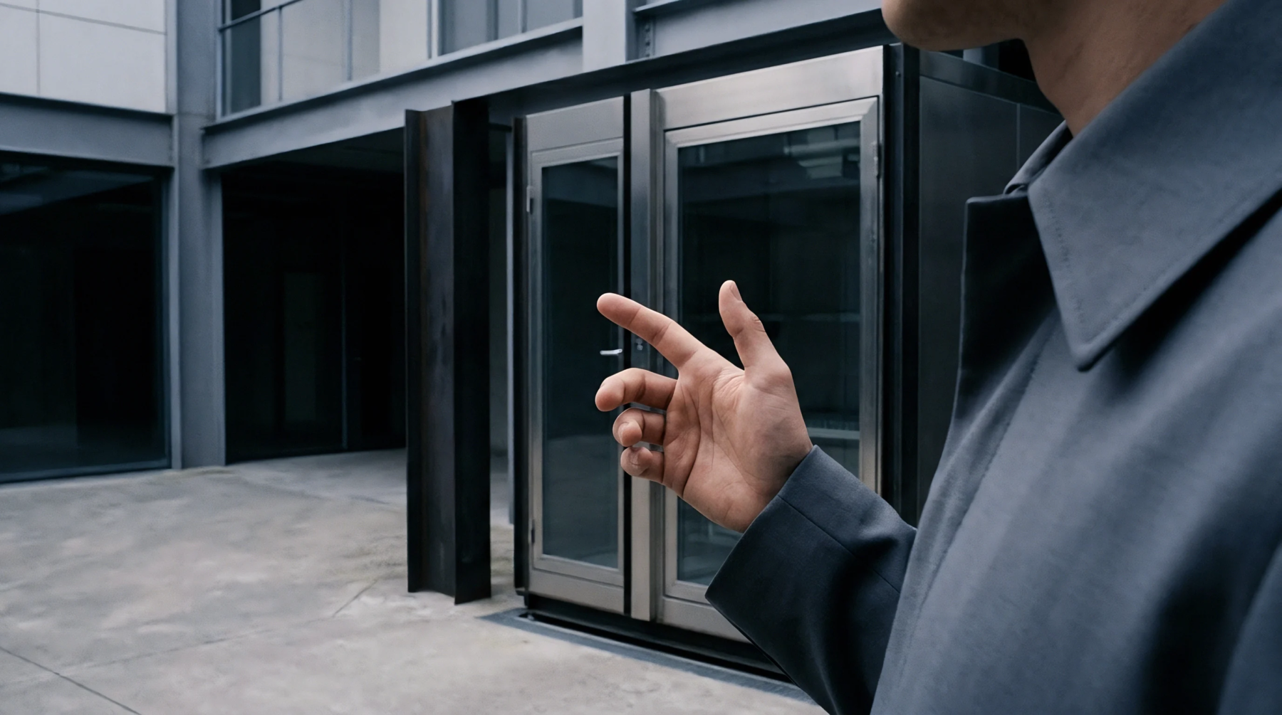 An individual's hand gestures before a sleek glass-paneled access chamber within a modern industrial architectural complex.