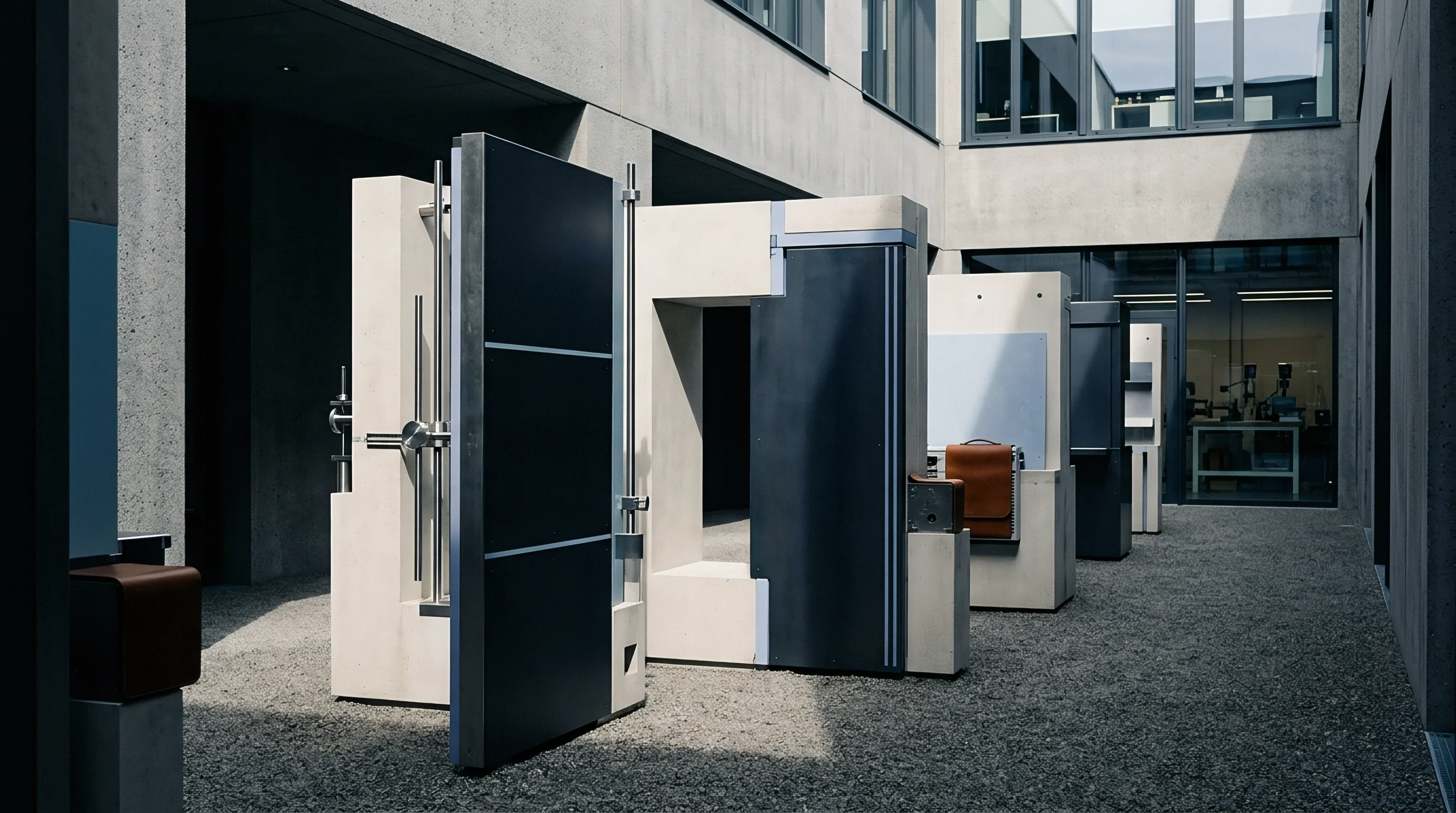 Several robust dark metal and concrete security structures stand in an outdoor industrial courtyard with stainless steel hardware prominent.