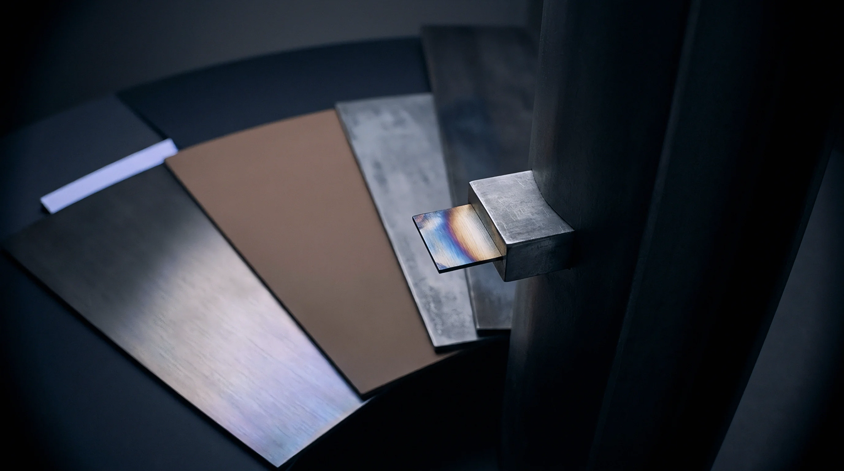 A collection of rectangular industrial material samples, including various metal alloys and a distinctive heat-treated specimen, rests on a dark, flat surface.