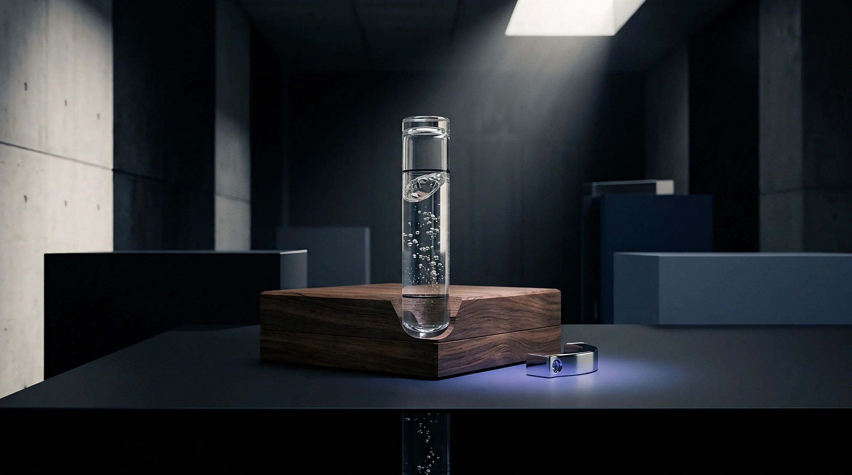 Digital render includes a transparent glass cylinder containing bubbling liquid inside a slotted wooden block on a dark surface within an industrial concrete workspace.