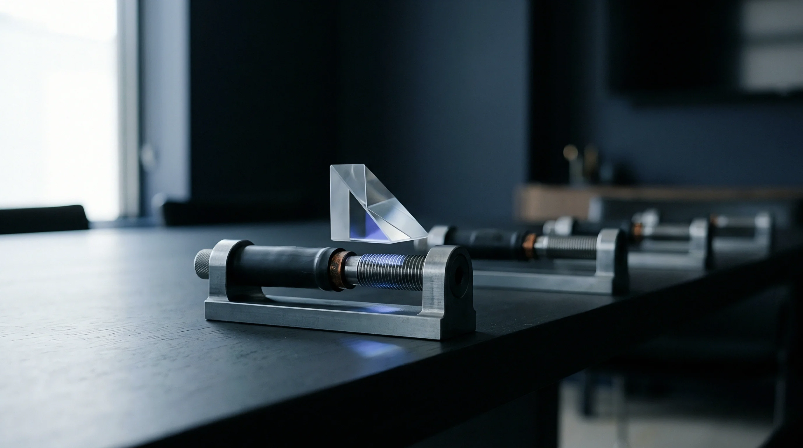 Multiple precision optomechanical mounts and a glass prism are arranged on a long dark conference table in a modern corporate setting.