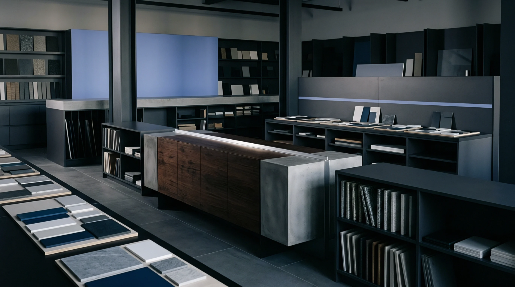 Material samples and finish boards fill modular shelving and display counters across an industrial design showroom workspace.