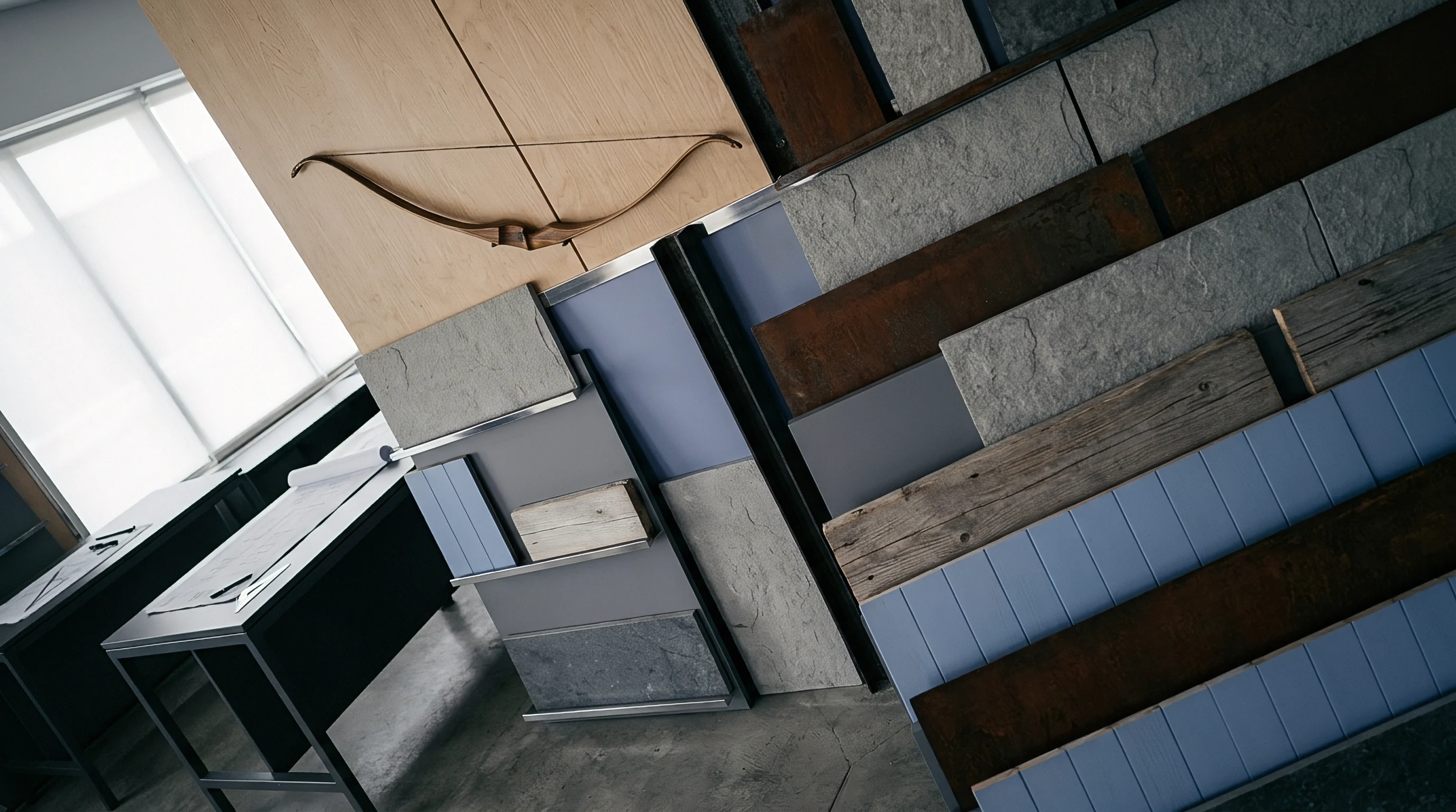 Assorted architectural material samples including stone panels and wood planks are displayed alongside a decorative wooden bow within a design studio.