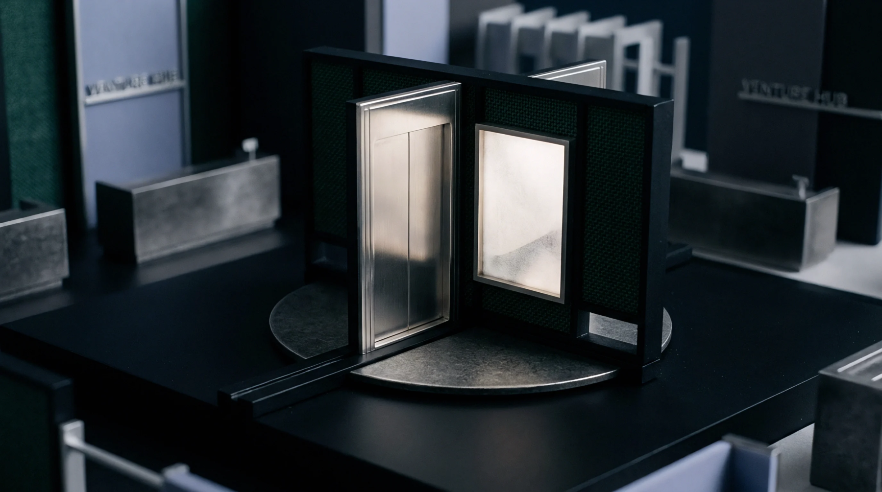 A physical architectural model displays miniature elevator components and structured panels on a dark tabletop surface within a studio setting.
