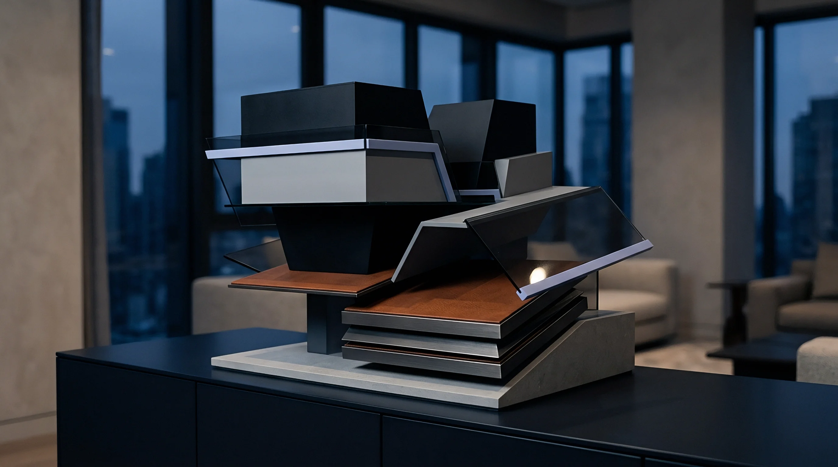 A physical architectural model constructed from steel timber veneers and acrylic components rests on a dark manufacturing planning desk overlooking city towers.