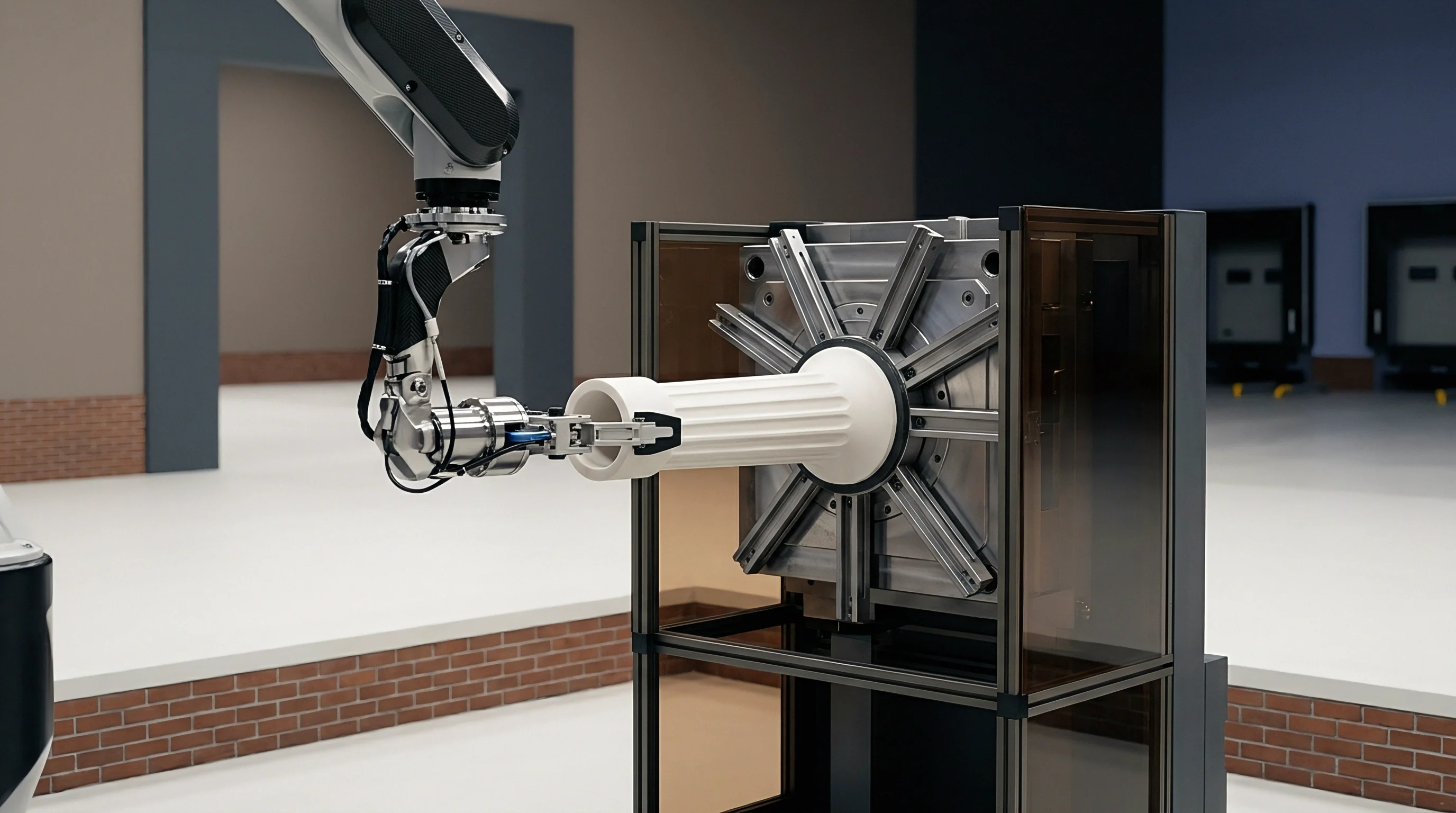 An articulated robotic arm holds a molded polymer cylinder against a steel industrial mold inside a manufacturing enclosure.