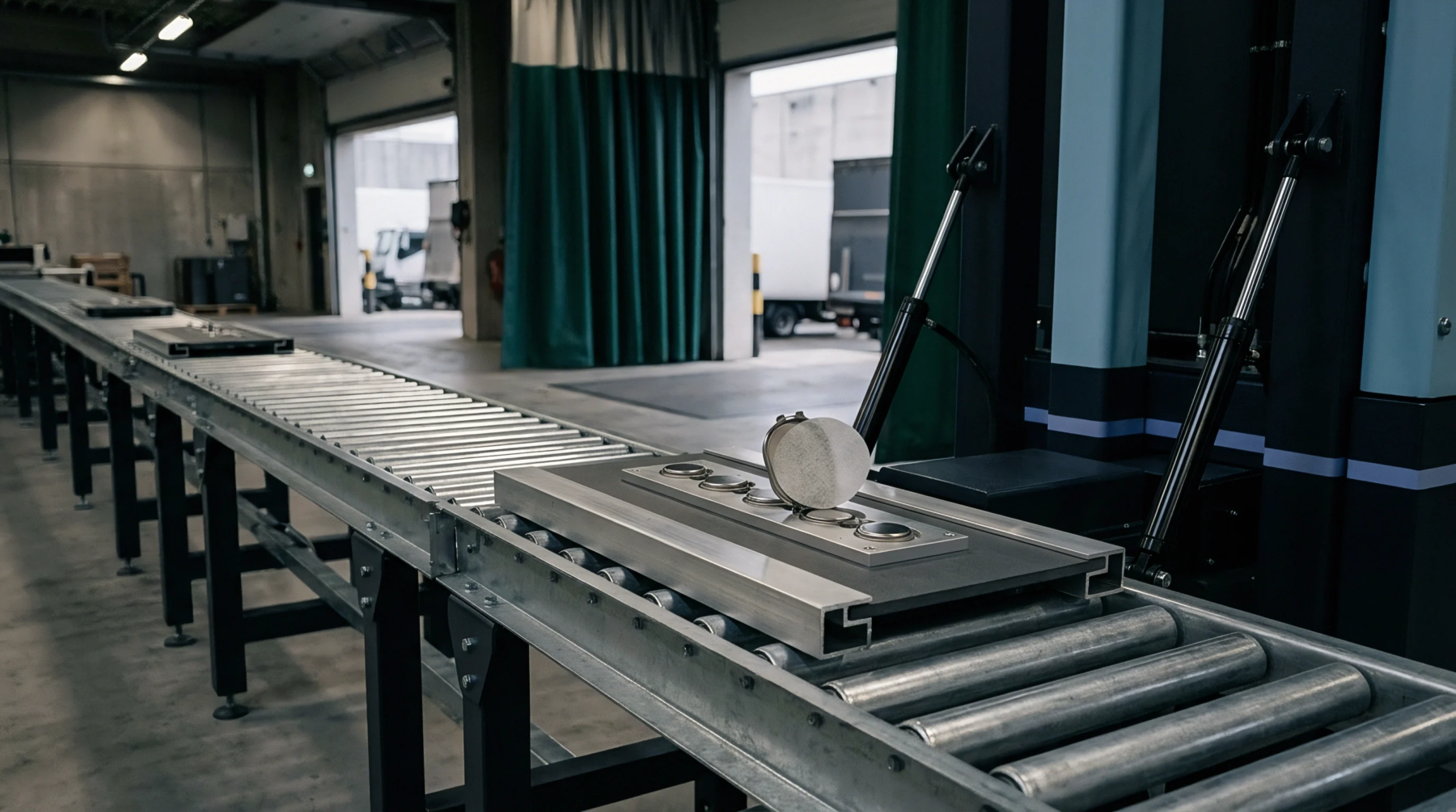 An industrial roller conveyor line transports metal plates through an automated assembly station inside a spacious manufacturing facility with open loading docks.