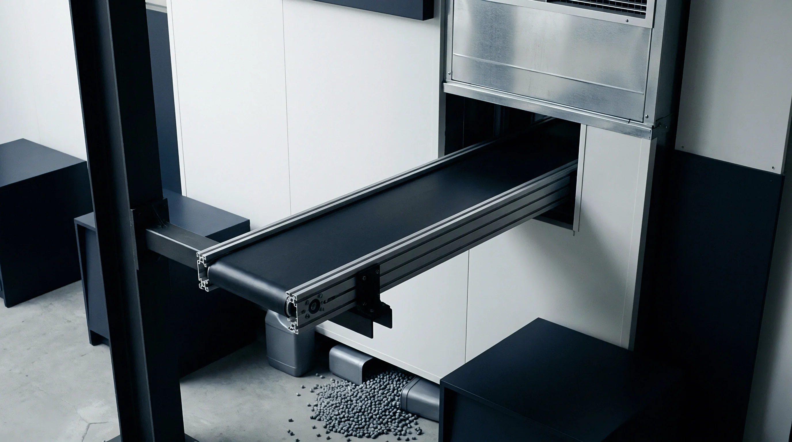 An automated conveyor belt extends from a machine unit over a factory floor covered with scattered grey industrial pellets.