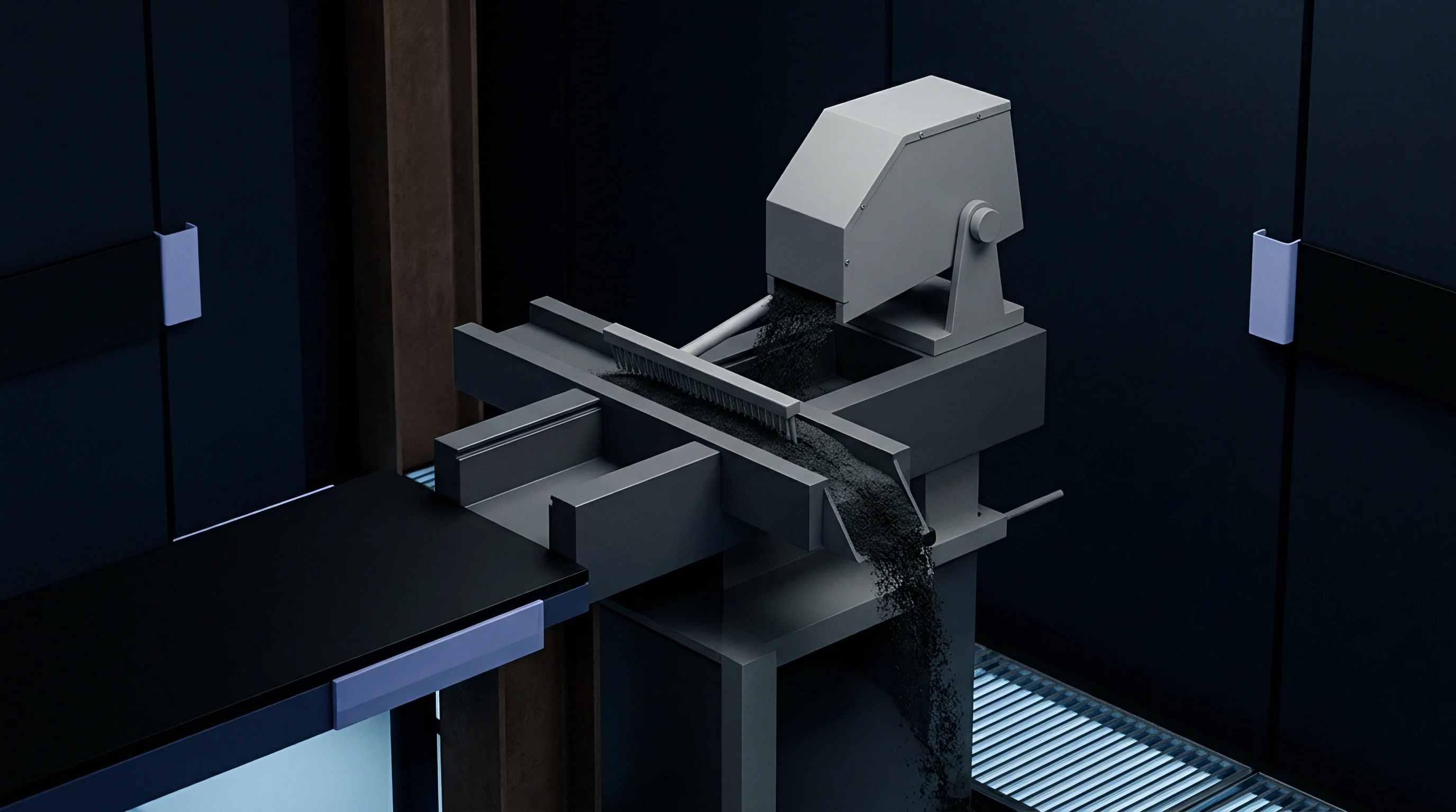 An automated mechanical dispenser feeds granular material across a precision channel inside a dark industrial manufacturing facility.
