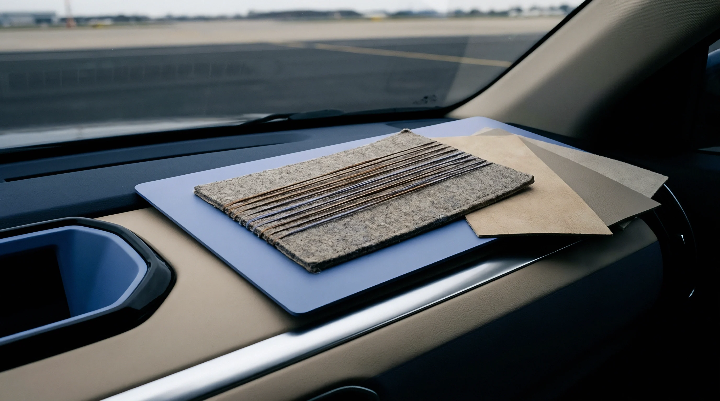 Samples of textured industrial felt and leather sit on a dashboard inside a vehicle positioned before an airport airfield.