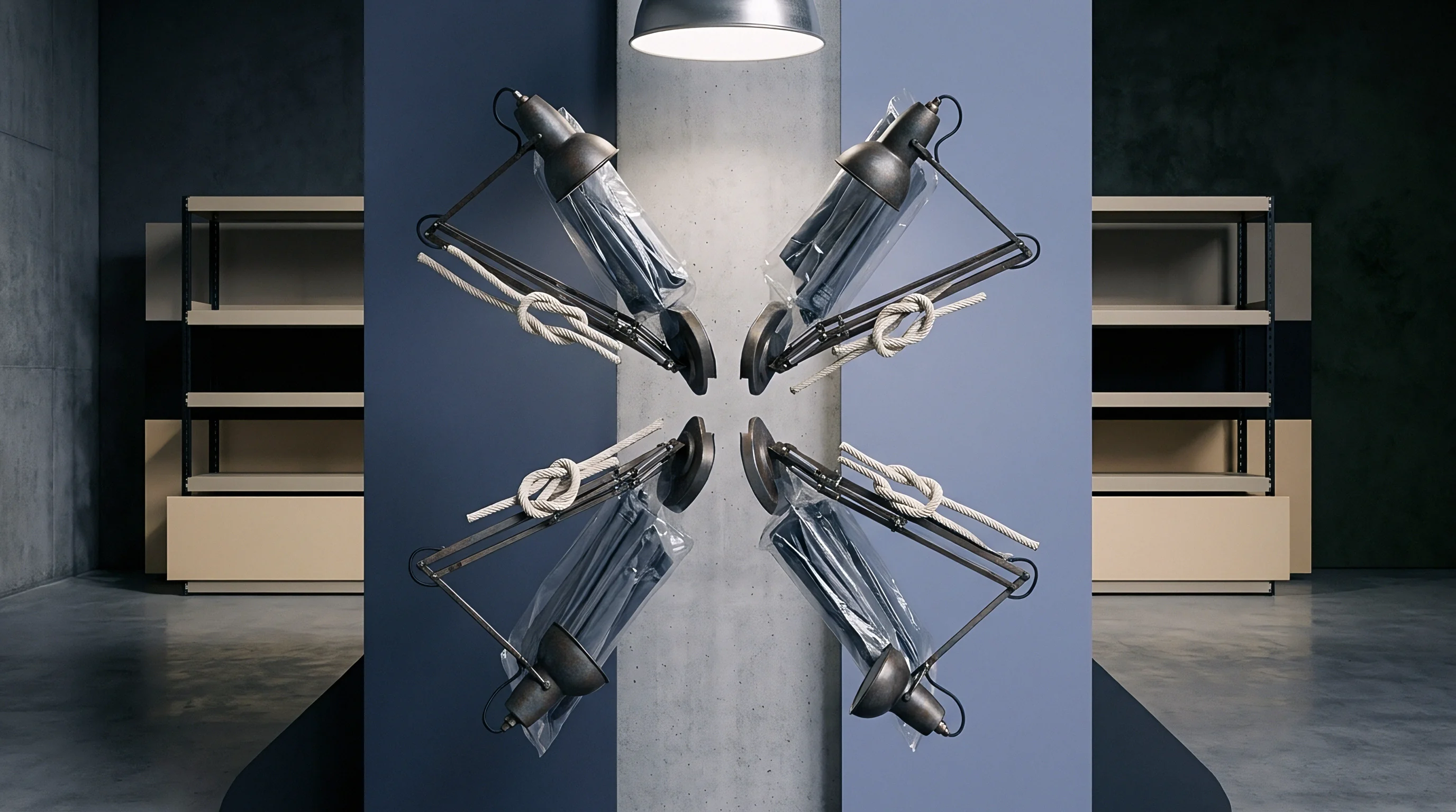 Four steel work lamps bound with thick rope and plastic film are positioned symmetrically between concrete columns and warehouse shelving in this render.