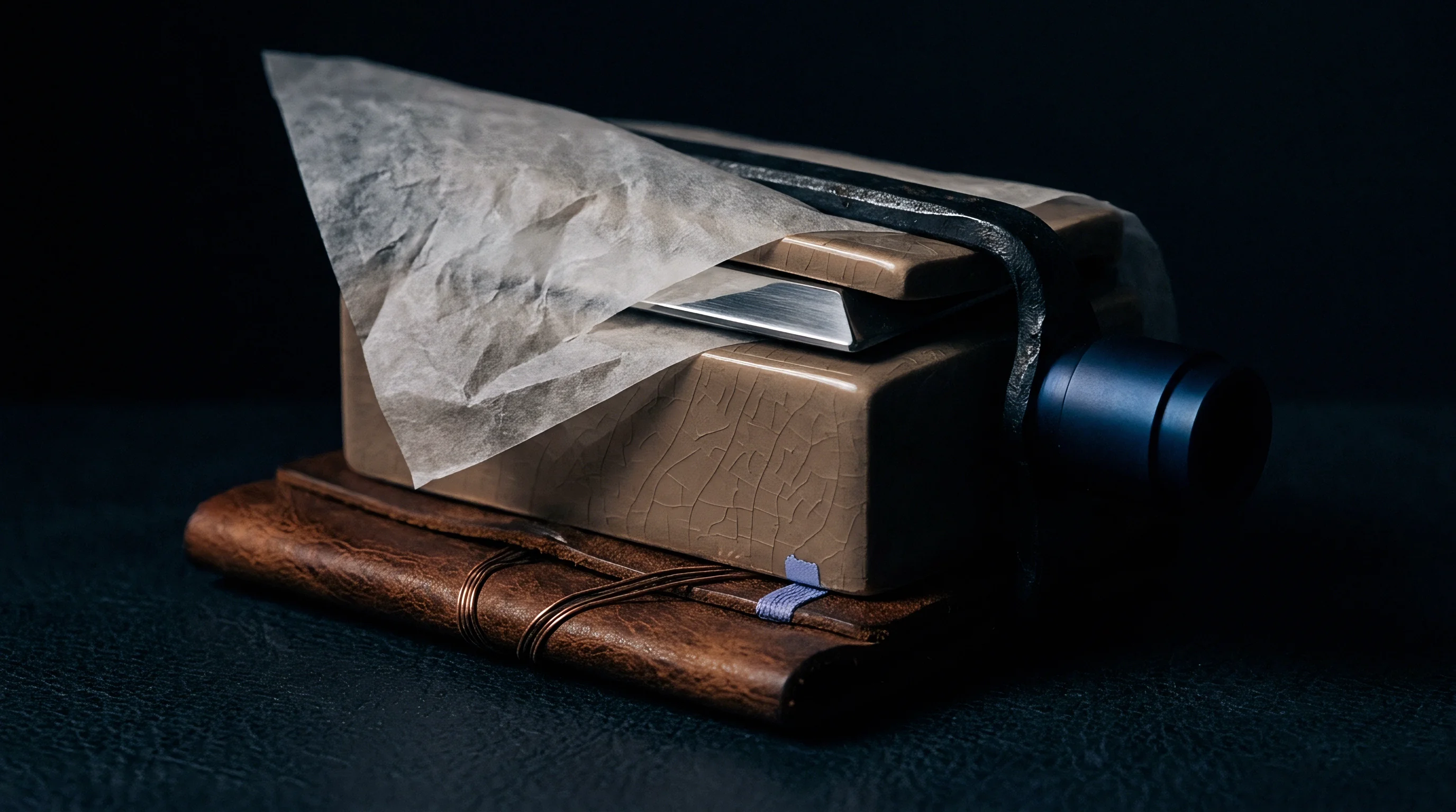 Ceramic housing secured by a metal clamp rests on textured parchment above a leather bound notebook on dark leather.