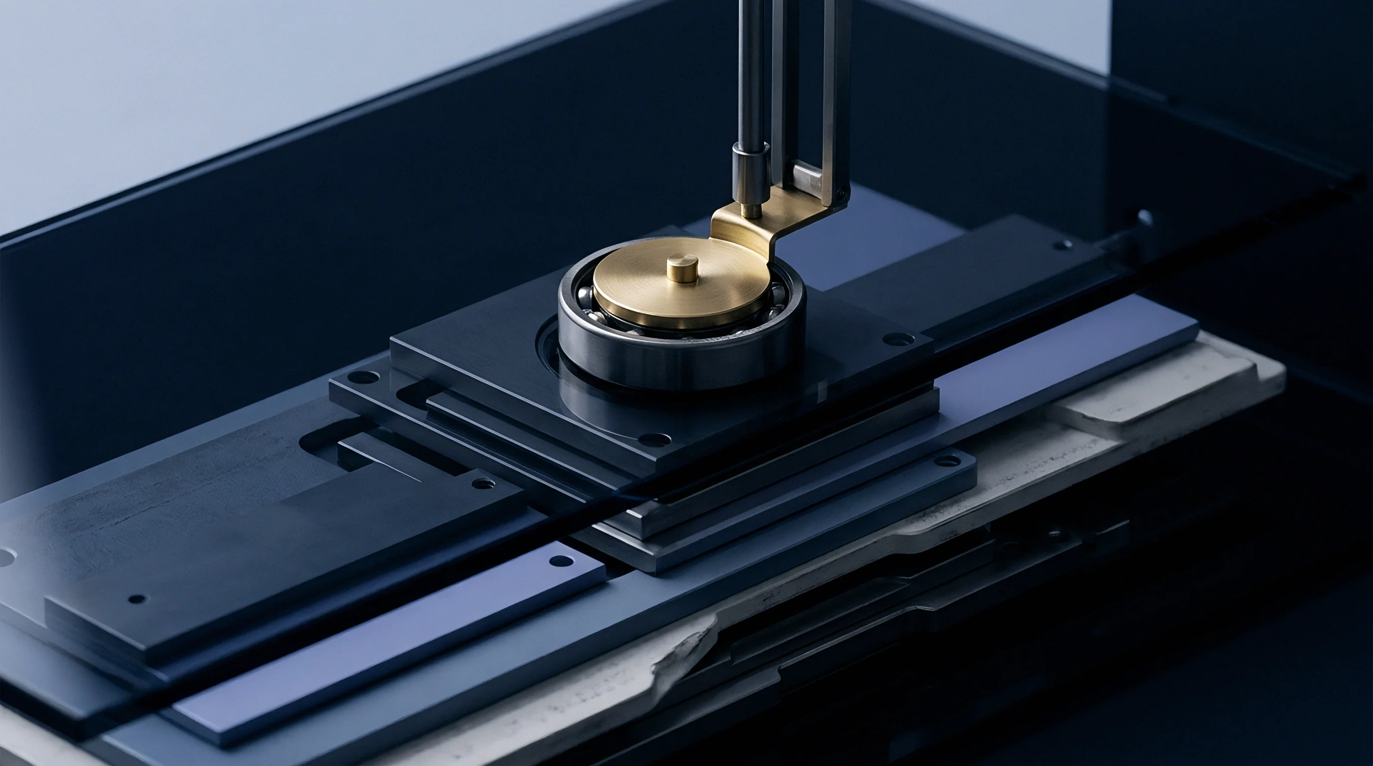 An intricate industrial machine assembly render, potentially a test rig, features a brass disk on a ball bearing surrounded by layered metallic components.