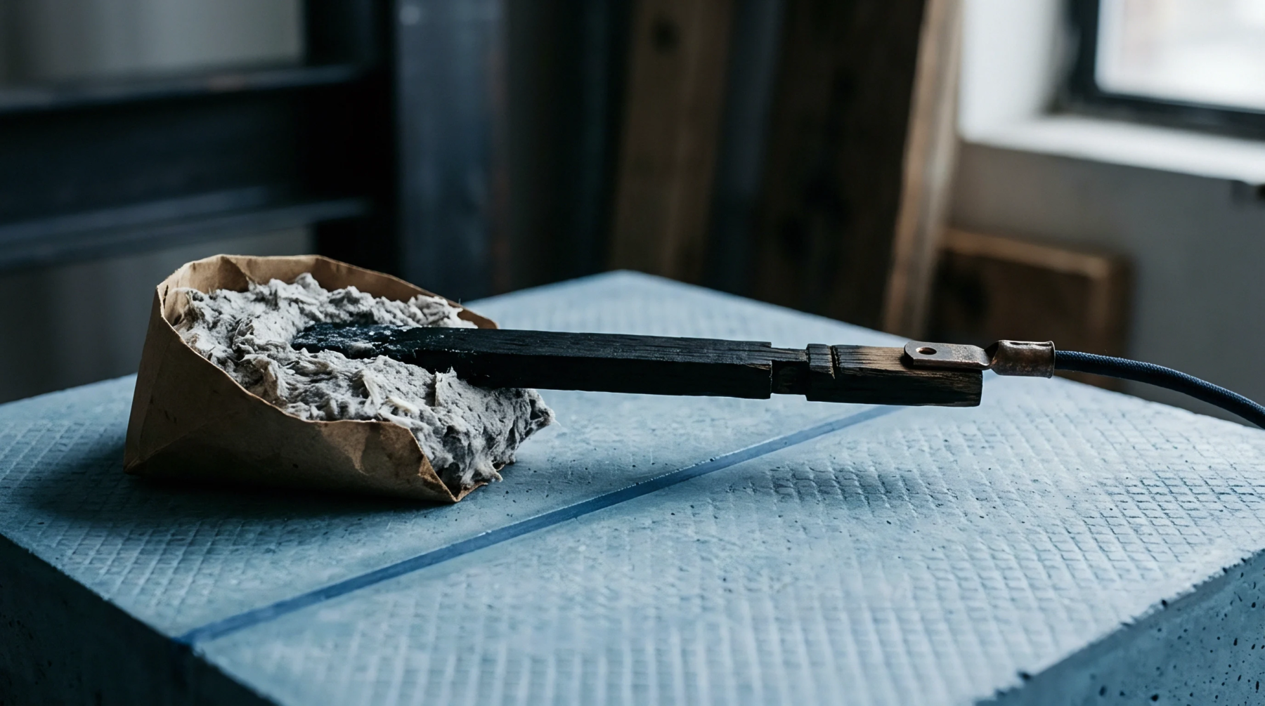 Fibrous cellulose pulp inside a brown paper container rests on an insulated surface alongside an electrical heating probe in a workshop.