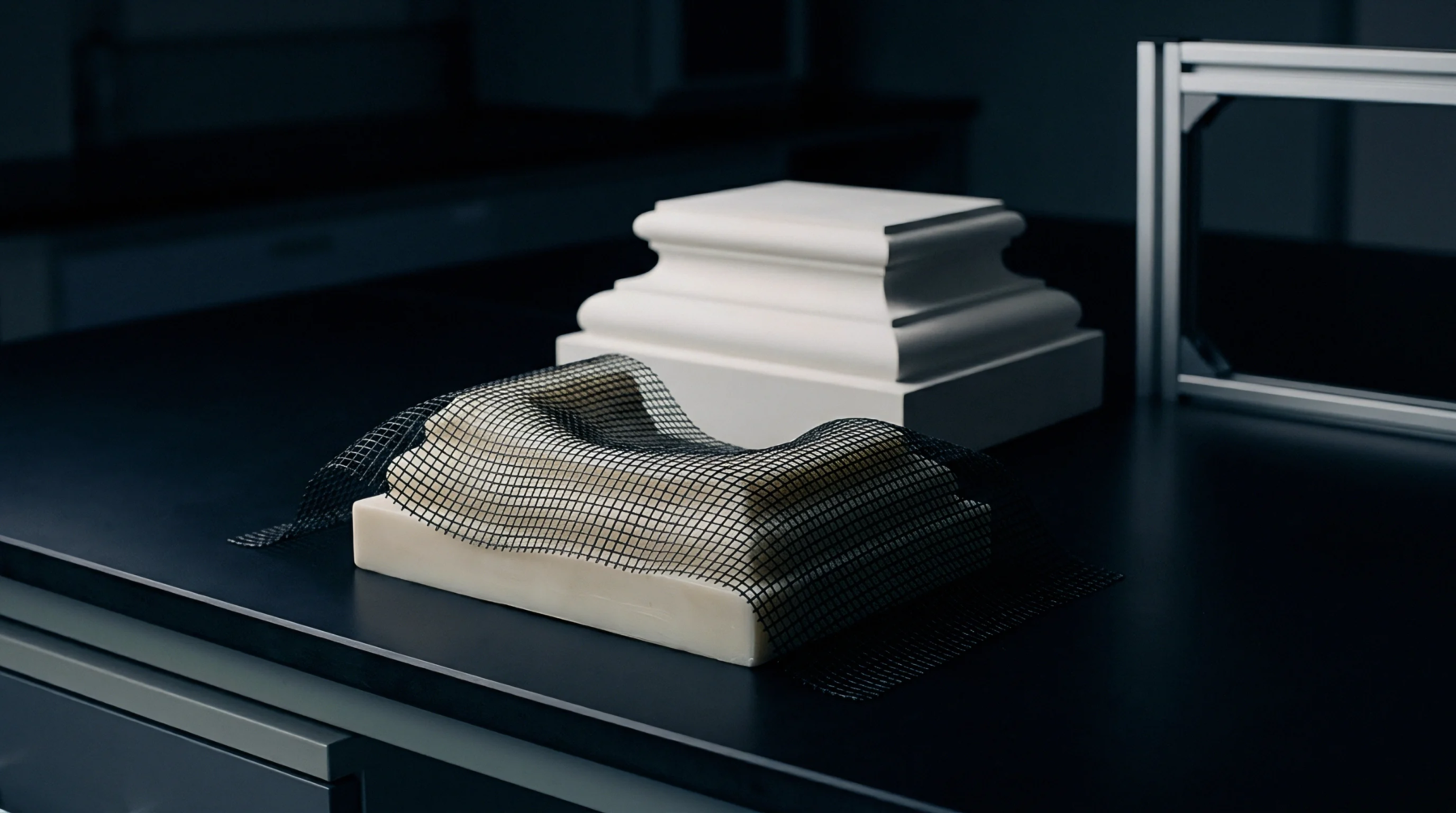 Digital render showing a dark reinforcement mesh draped over a polymer prototyping block beside an architectural profile on a dark workbench.