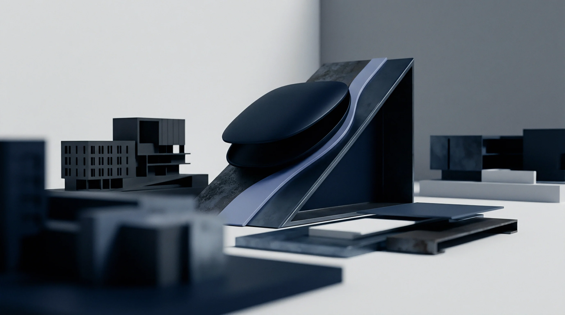 A computer generated illustration presents abstract structural and industrial design models featuring dark matte forms and smooth blue-grey components on a light surface.
