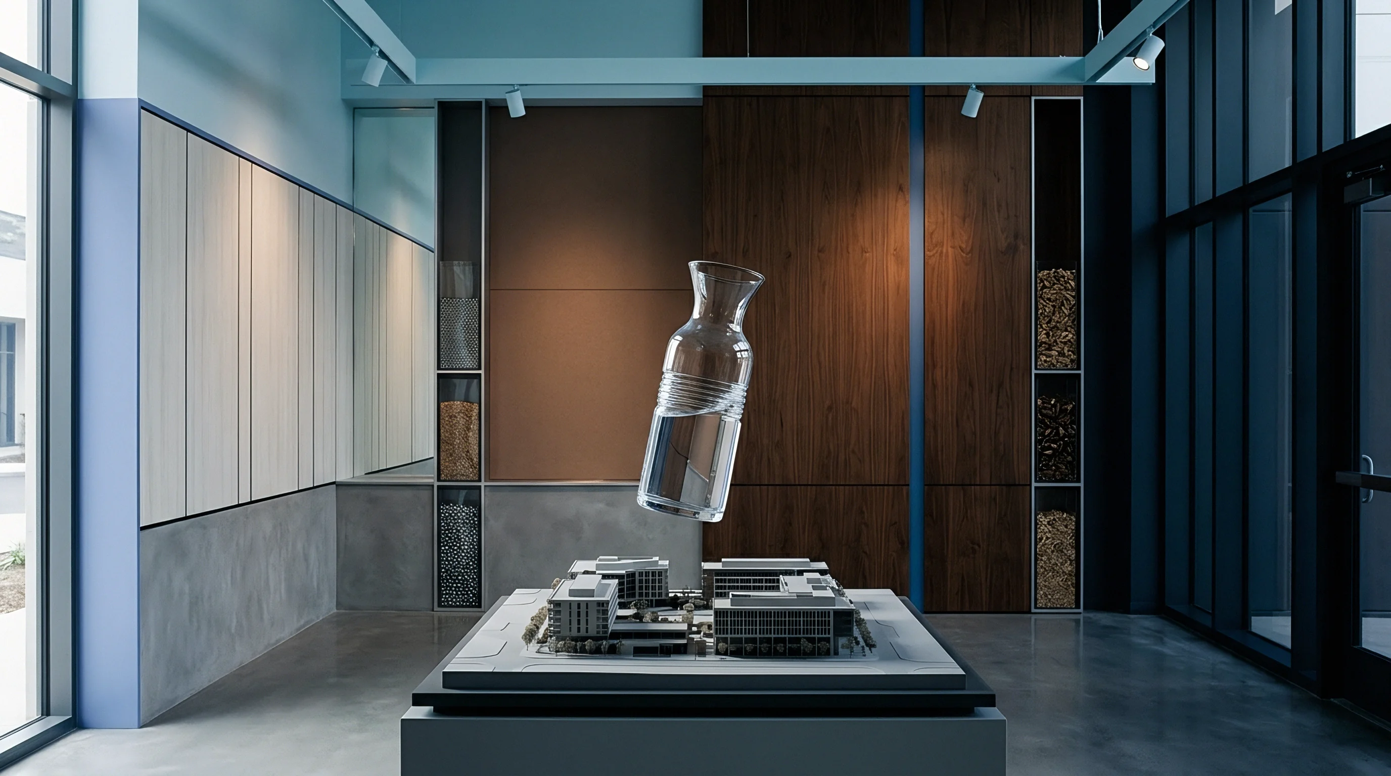 An architectural model of a building complex is displayed with a carafe of clear water seemingly floating above it in a modern presentation environment.
