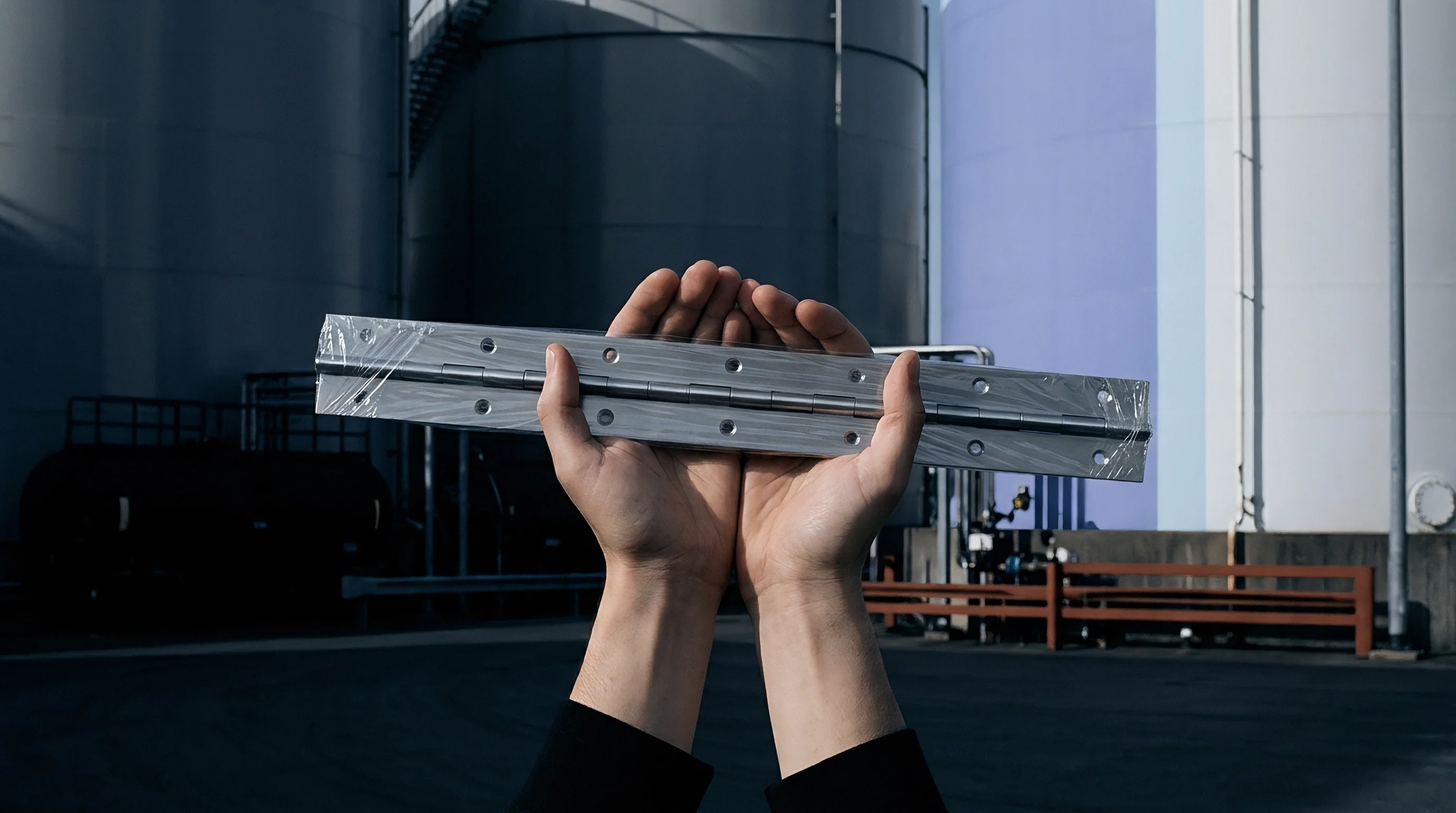 Hands hold a packaged metal continuous hinge against a backdrop of large industrial storage tanks in a production facility yard.