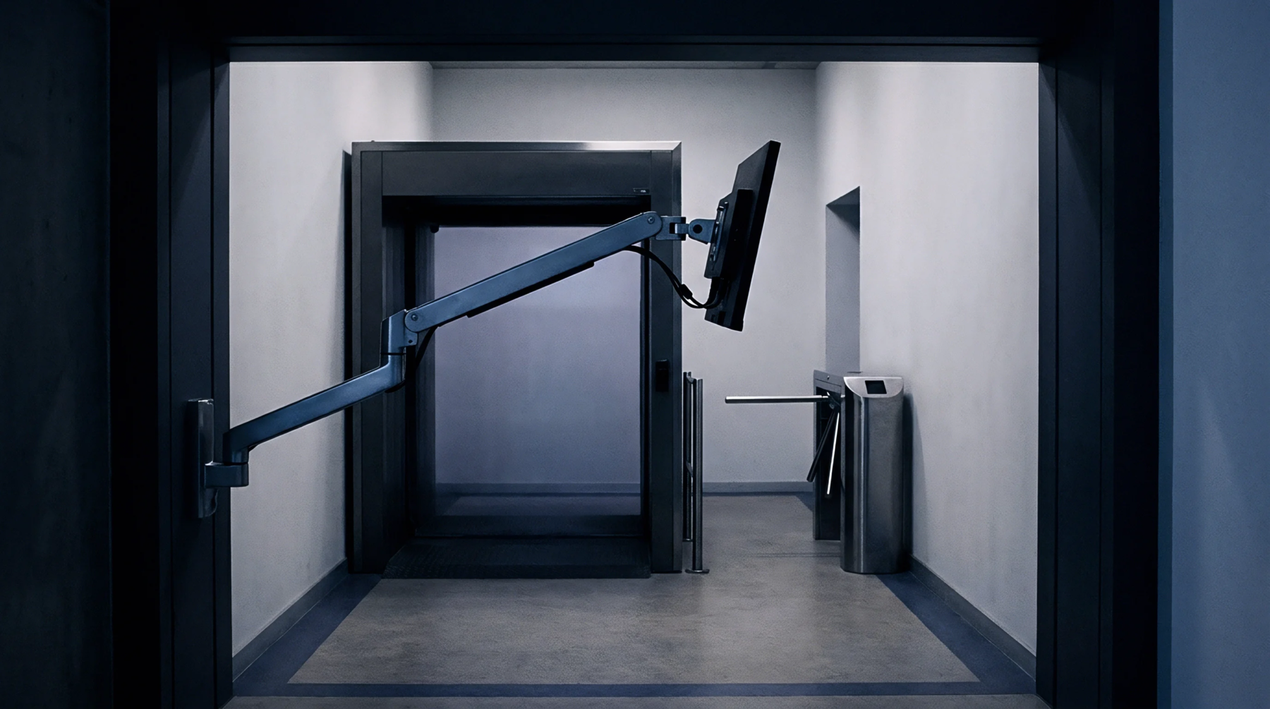 A metal screening portal and electronic turnstile occupy a concrete industrial corridor equipped with an adjustable display mount.