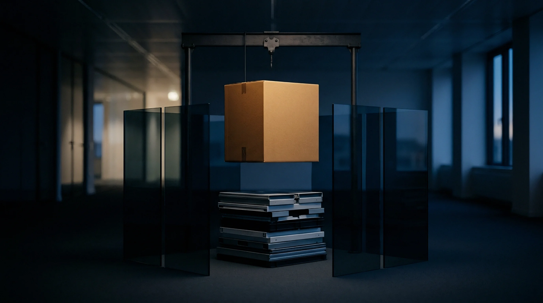A cardboard container hangs from an overhead mechanical hoist above a stack of metallic plates shielded by dark tempered glass panels in a darkened room.