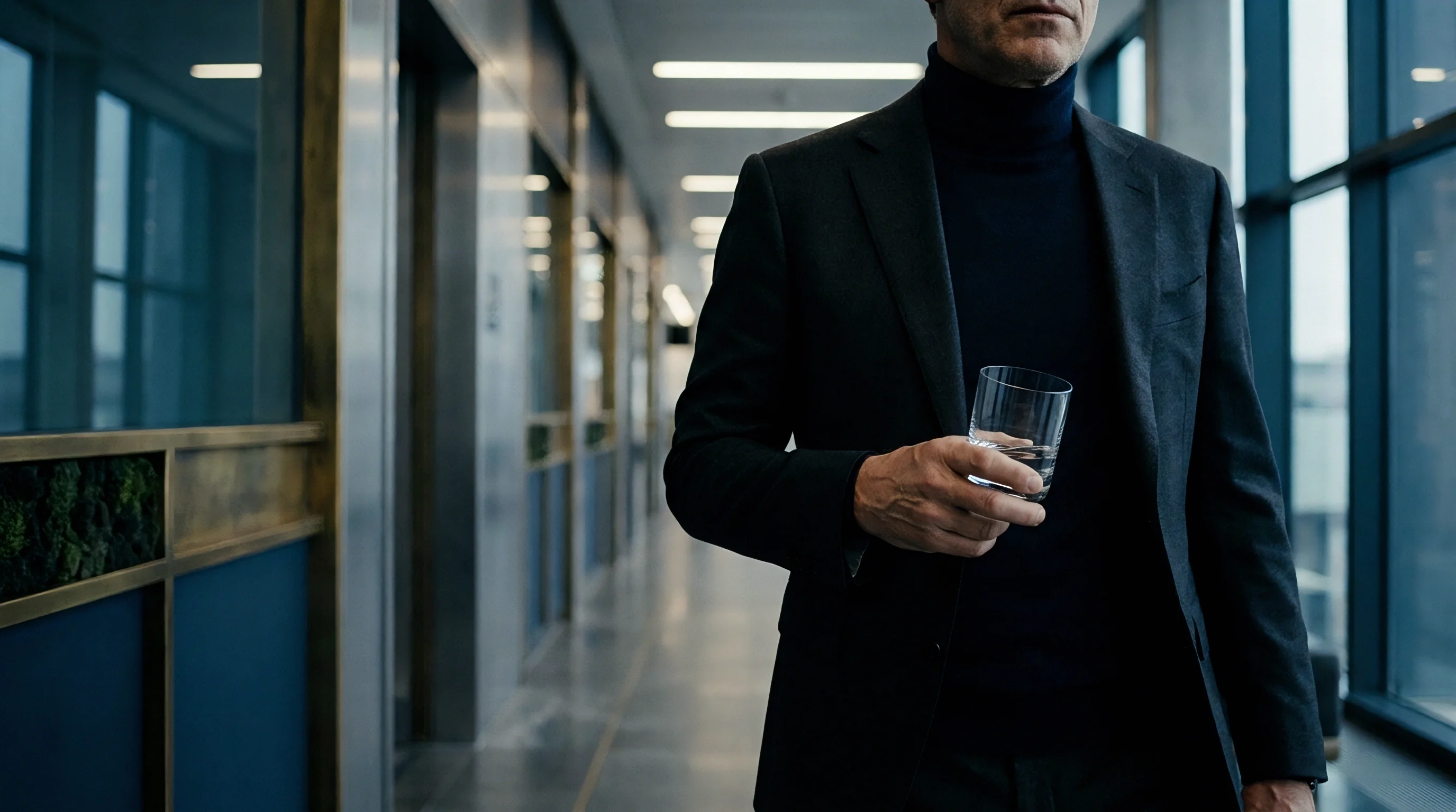 A man wearing a dark blazer and turtleneck holds a glass of water while walking through a glass office corridor.