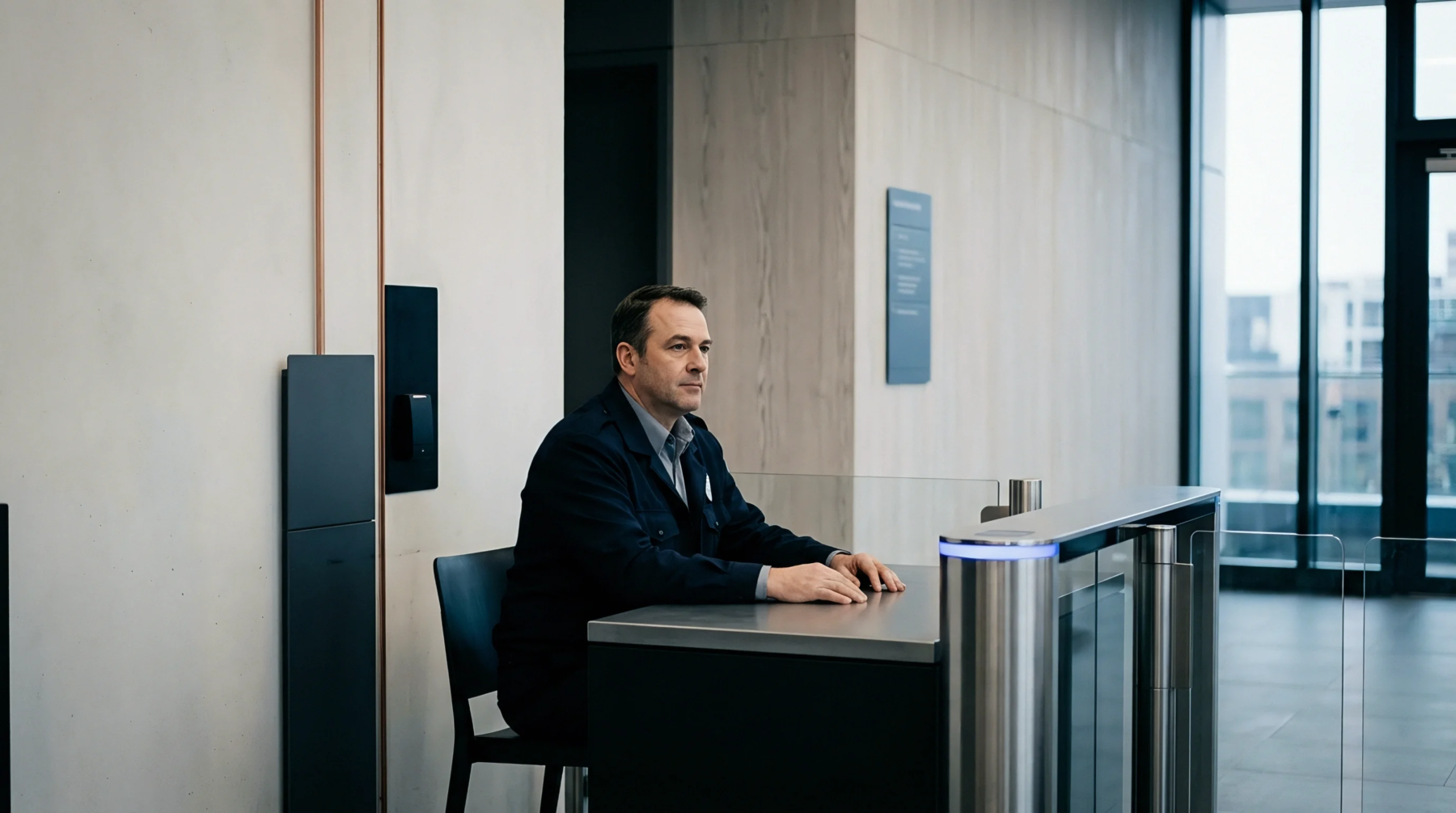An officer in a dark uniform sits at a metal reception desk beside glass turnstiles inside a modern corporate office building lobby.