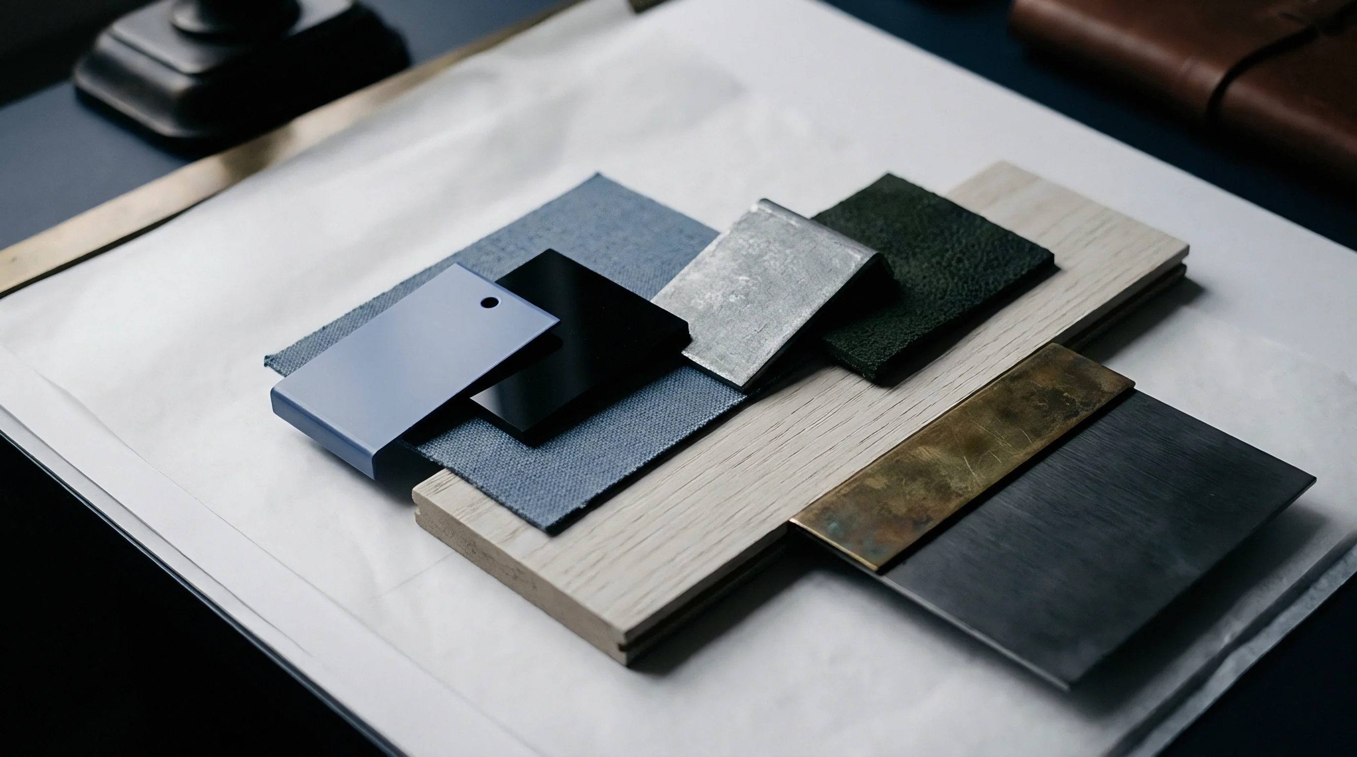 A collection of diverse industrial material samples including metals, fabric, wood, and composite swatches, arranged on a white document.
