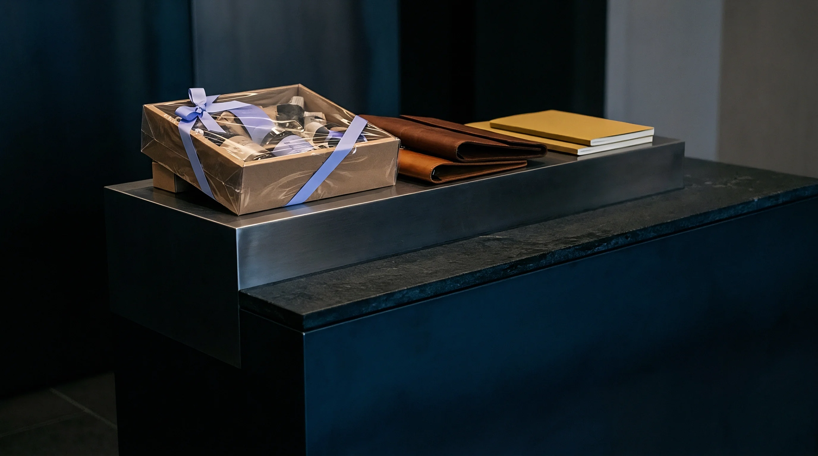 Custom packaged gift boxes and leather goods rest on a brushed metal countertop within a dark production staging facility.