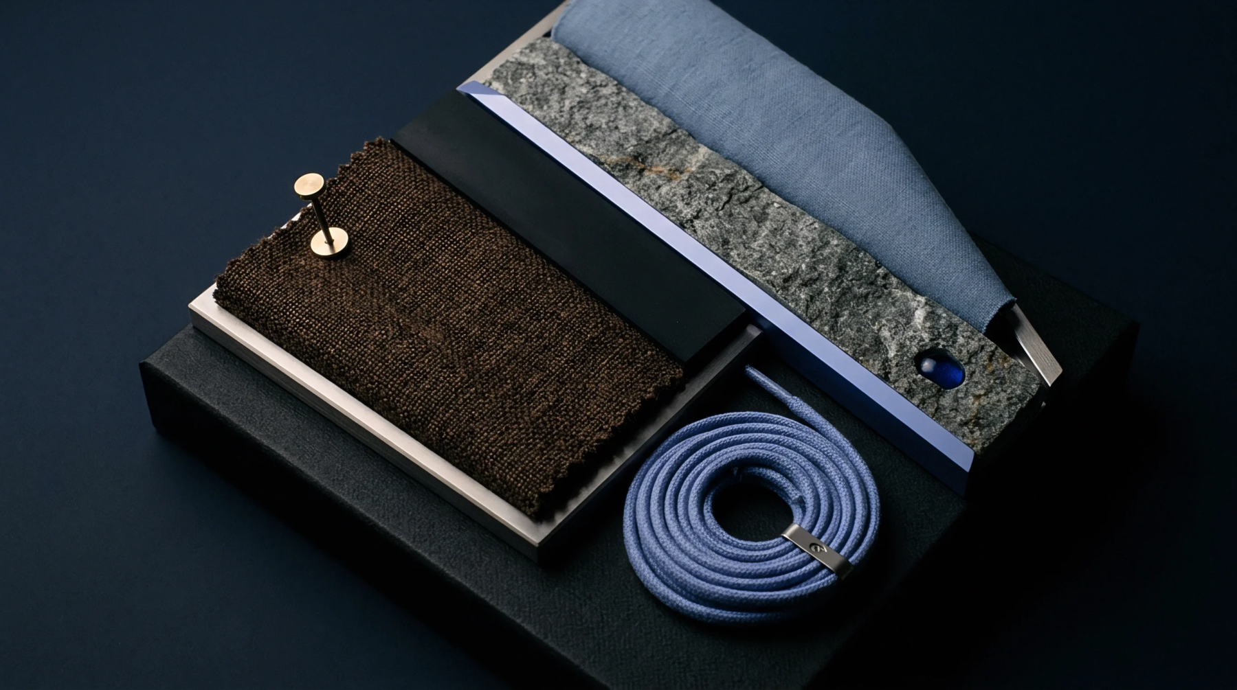 A professional layout displays textile swatches, rough stone, a braided cord, and sundry components on dark surfaces.