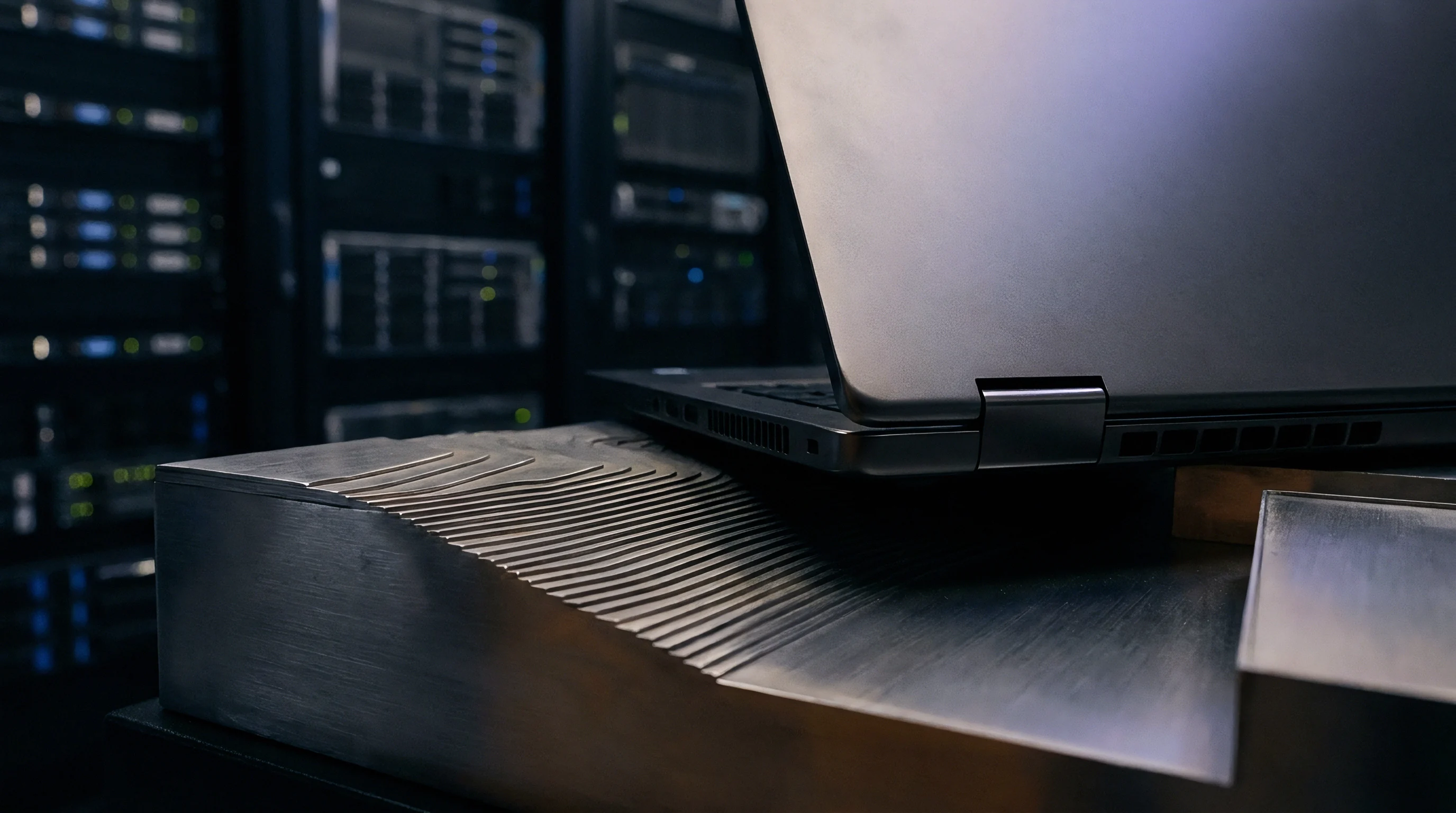 A portable computer sits on a sculpted aluminum block before rows of server racks with active network lights in a data center.