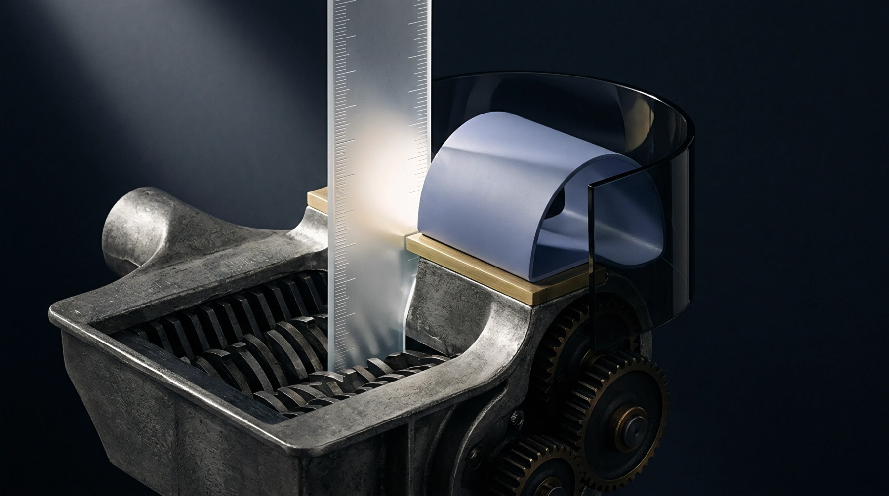 A digital render shows a heavy industrial shredder with dual counter rotating steel blades and a translucent guide feeding a polymer sheet.