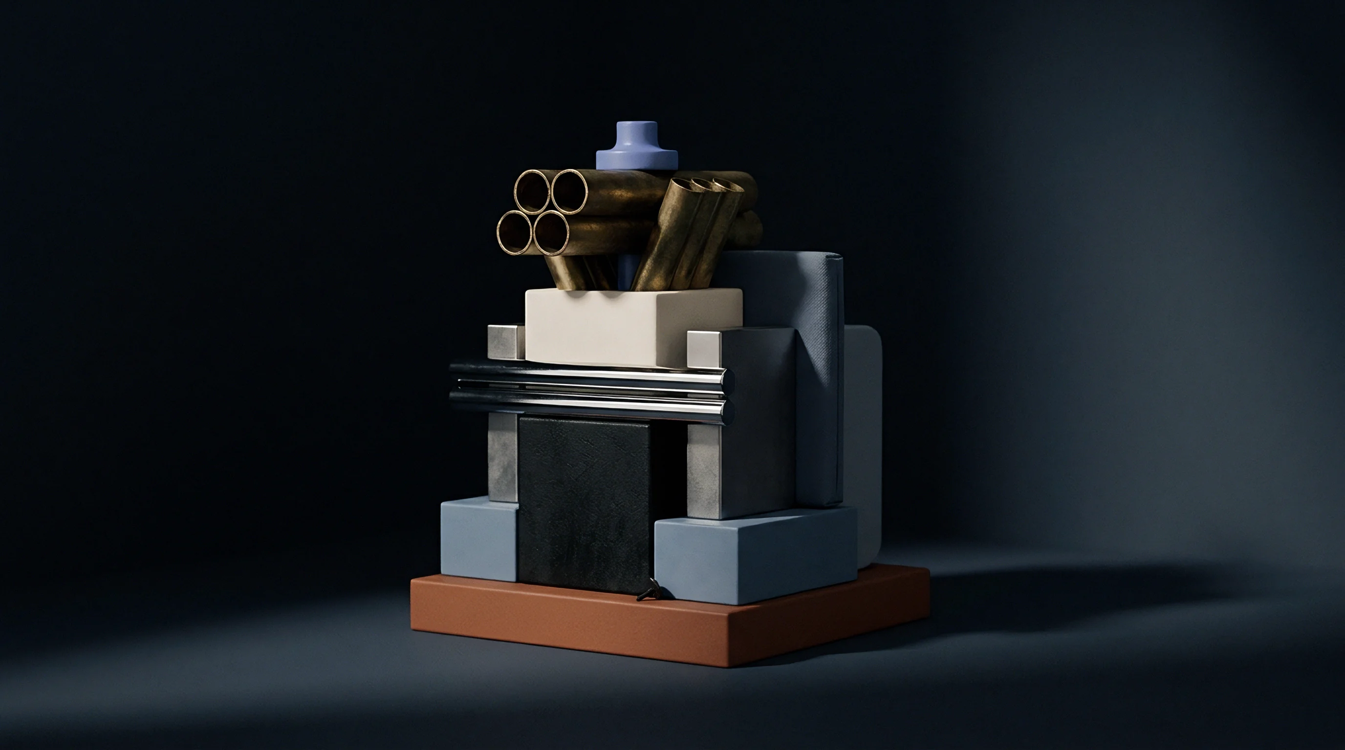 Digital render presents geometric blocks metallic pipes and modular components arranged on a dark studio surface.