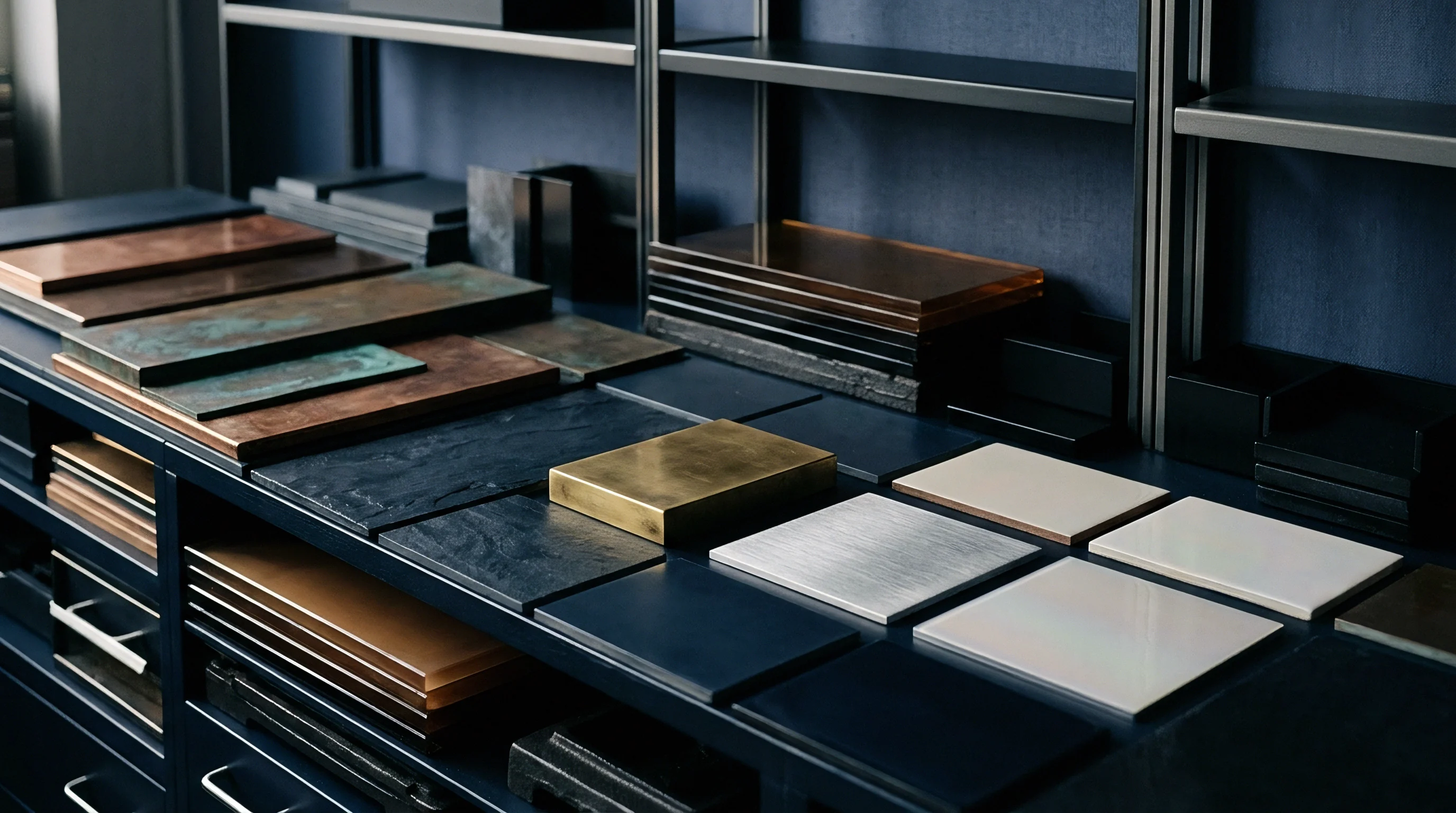 A professional collection of metal, stone, and composite material samples are displayed horizontally on tiered dark shelving in a manufacturing design studio.