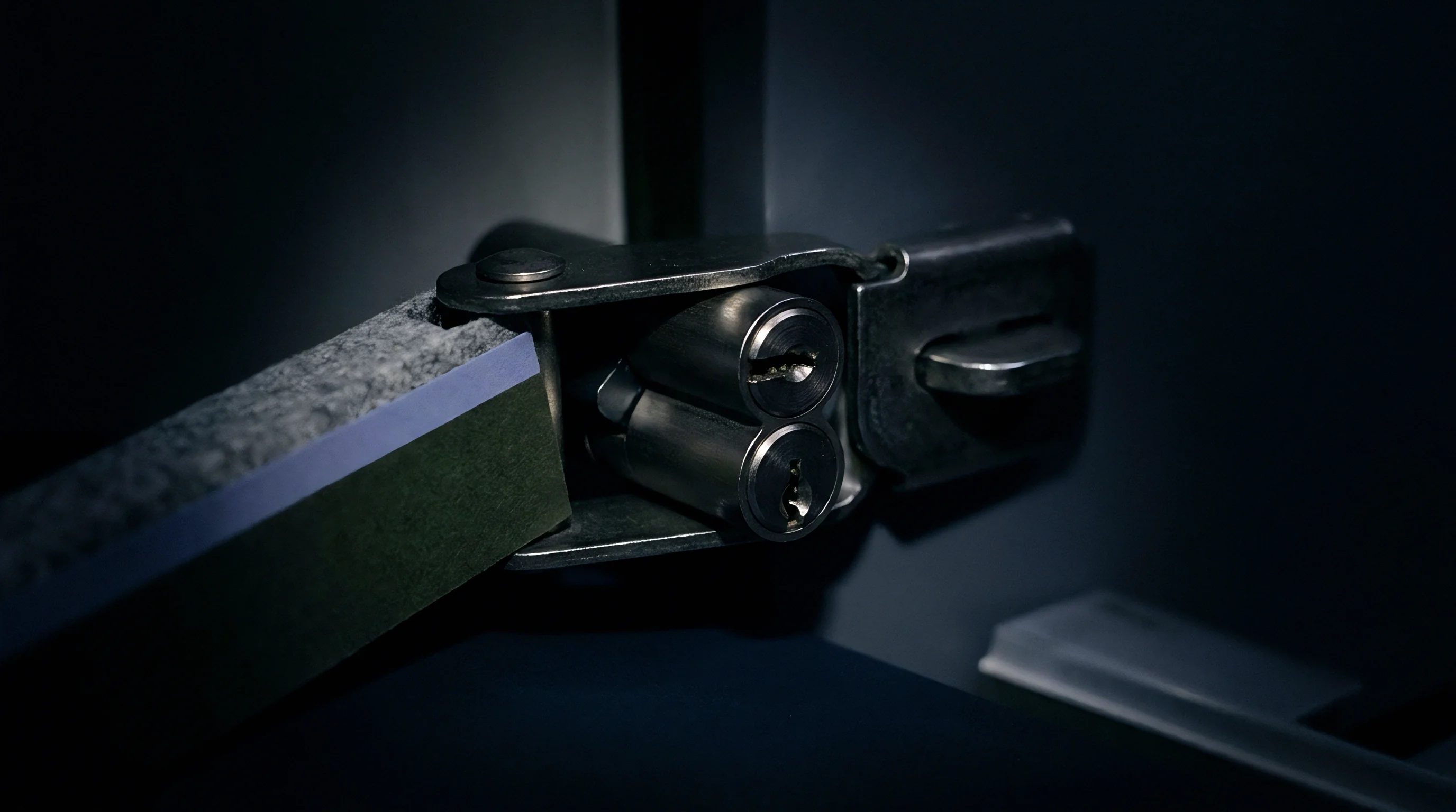 Dual key cylinder locking mechanism engages a heavy industrial latch inside a reinforced security enclosure frame.