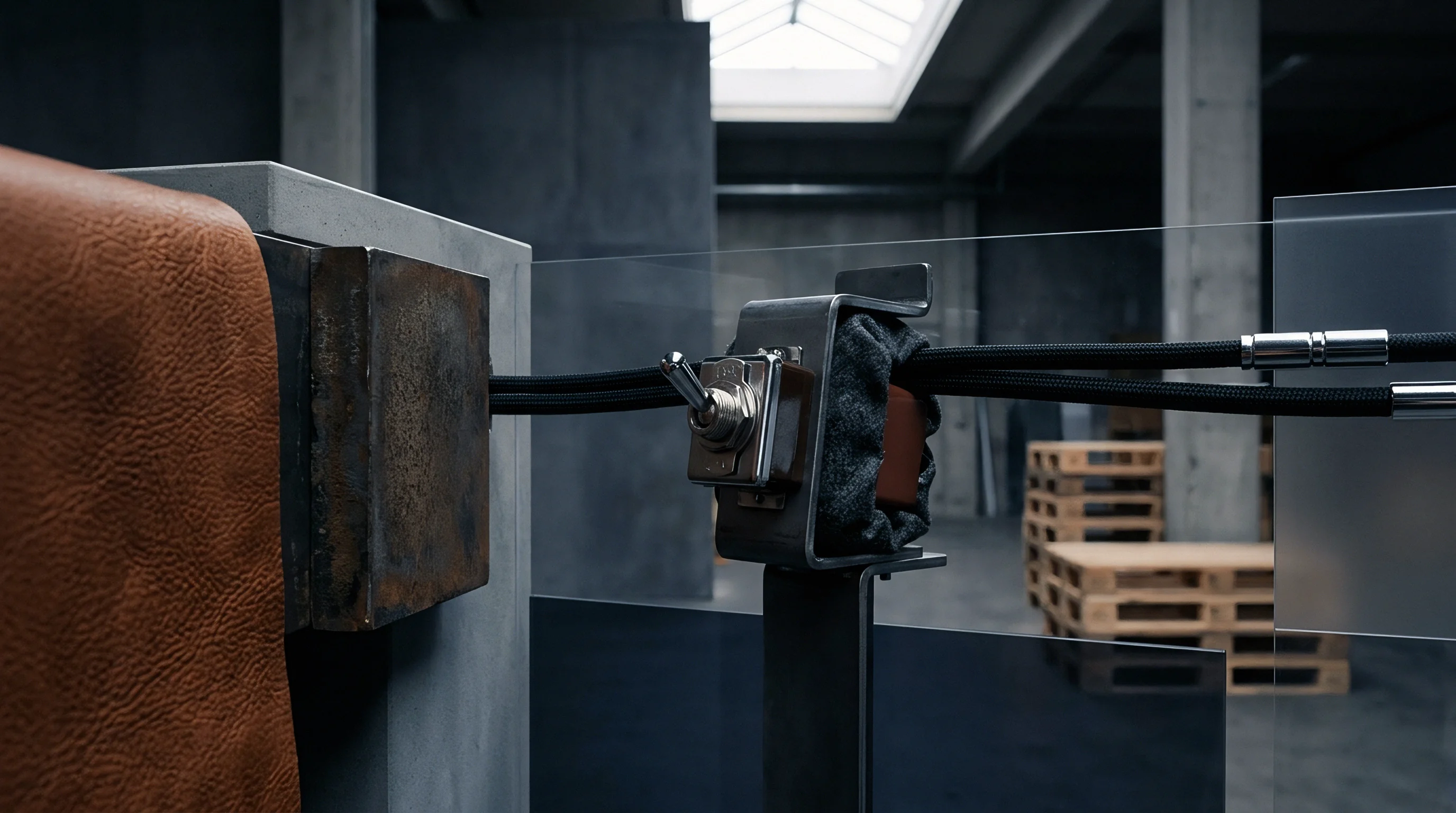 Industrial braided cables connect through a heavy-duty toggle switch mounted on raw steel, positioned next to a textured brown material.