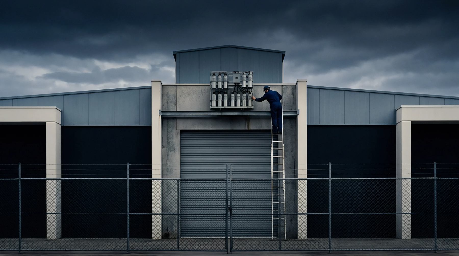 A digital render shows a technician on a ladder servicing exterior electrical equipment on the facade of a large industrial facility with chain link fencing.