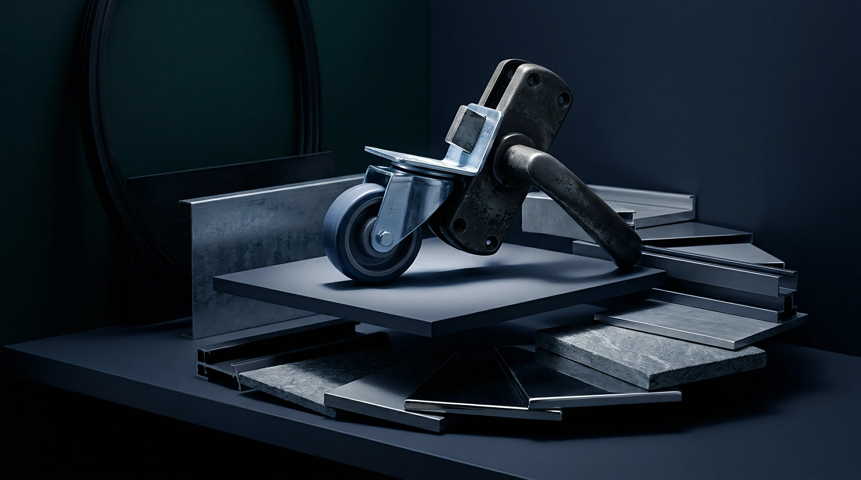 A robust caster wheel assembly sits atop dark metal sheets and profiles, surrounded by various industrial components and structural materials.