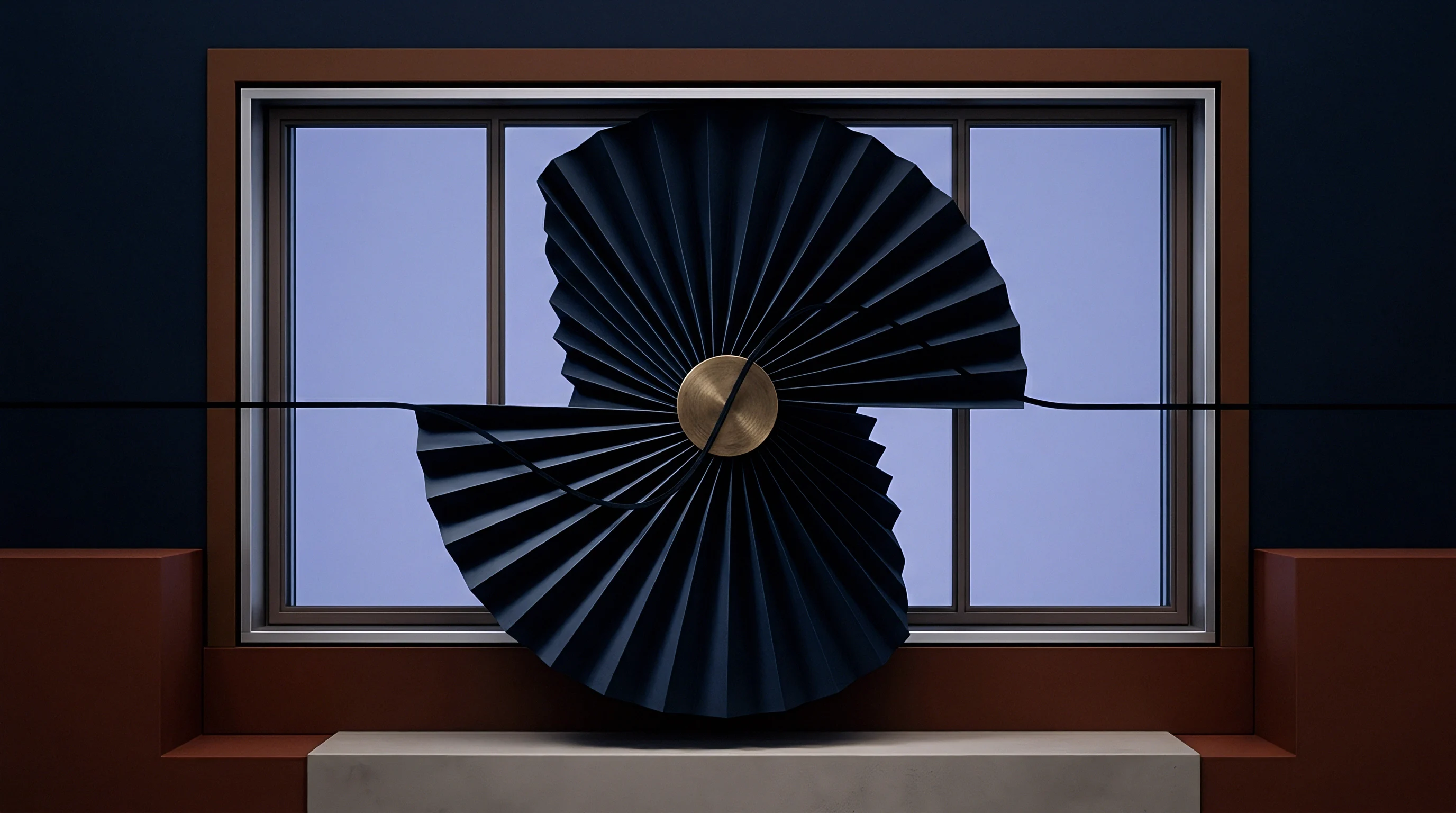 An abstract render shows a dark pleated screen structure with a brass central pivot positioned within a window frame.