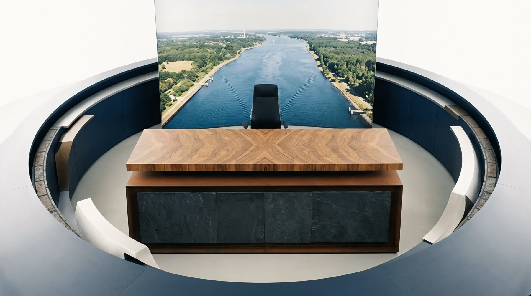 A dark timber desk and leather chair occupy a circular office rendered with a wraparound display showing industrial maritime infrastructure and connecting waterways.