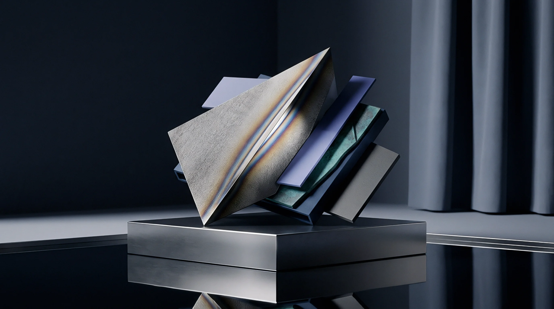 An abstract geometric arrangement of industrial metal plates and layered components stands on a reflective surface before dark fabric curtains.