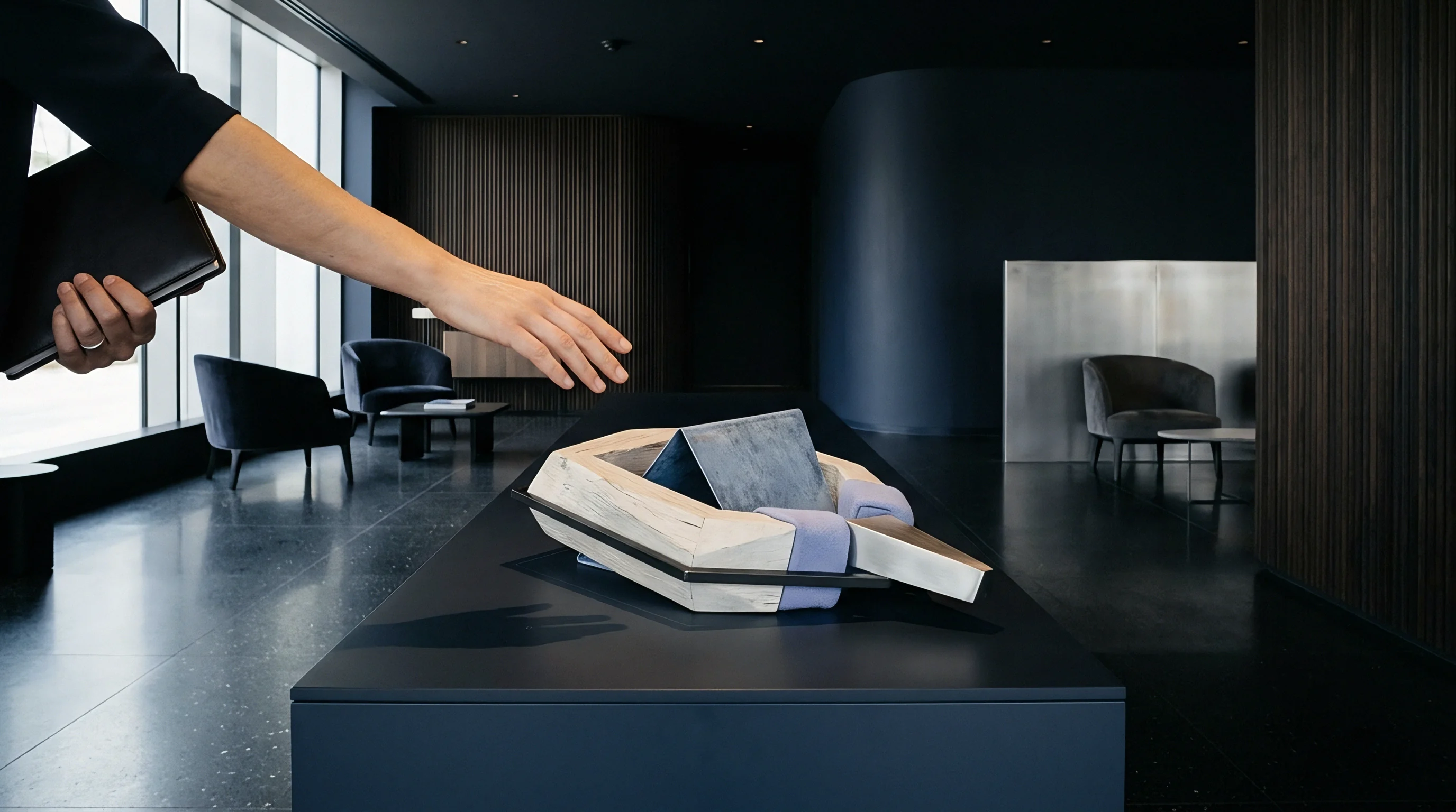 A human hand holding a black folio reaches towards a multi-material structural design model displayed on a dark plinth in a modern corporate lounge.