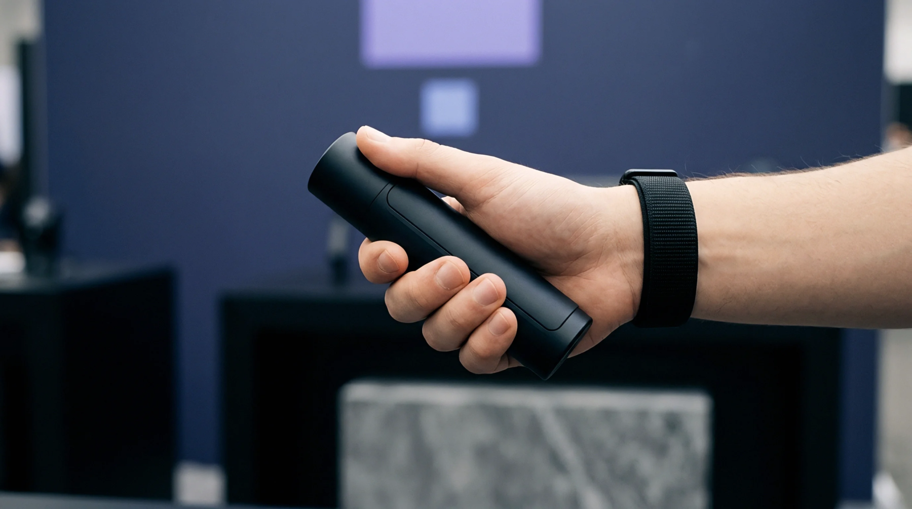 Fingers firmly grasp a matte dark cylindrical hardware prototype displayed inside a commercial trade exhibition space.