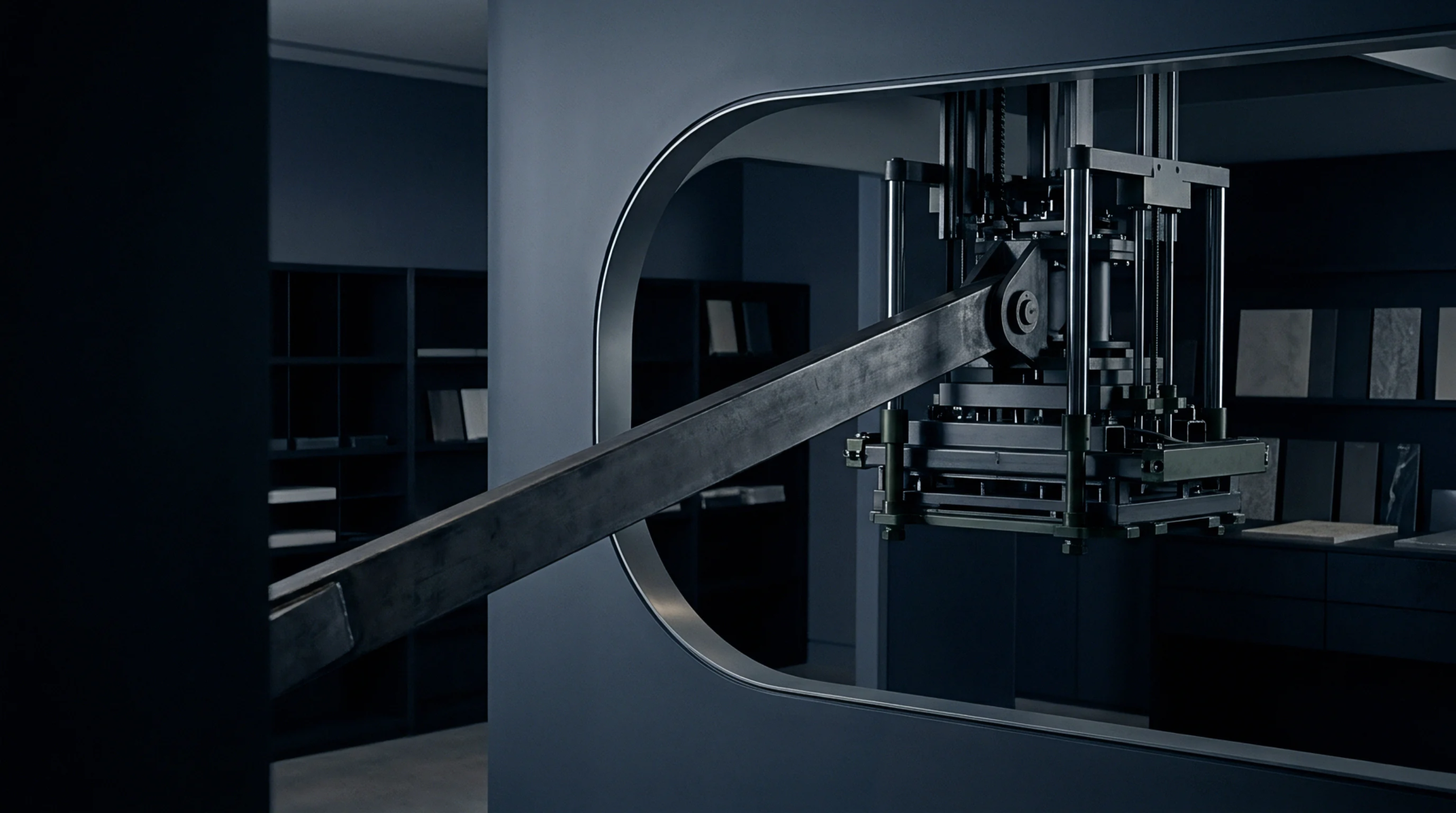 Heavy steel mechanical press components extend through an architectural partition inside a dark industrial manufacturing prototyping laboratory.