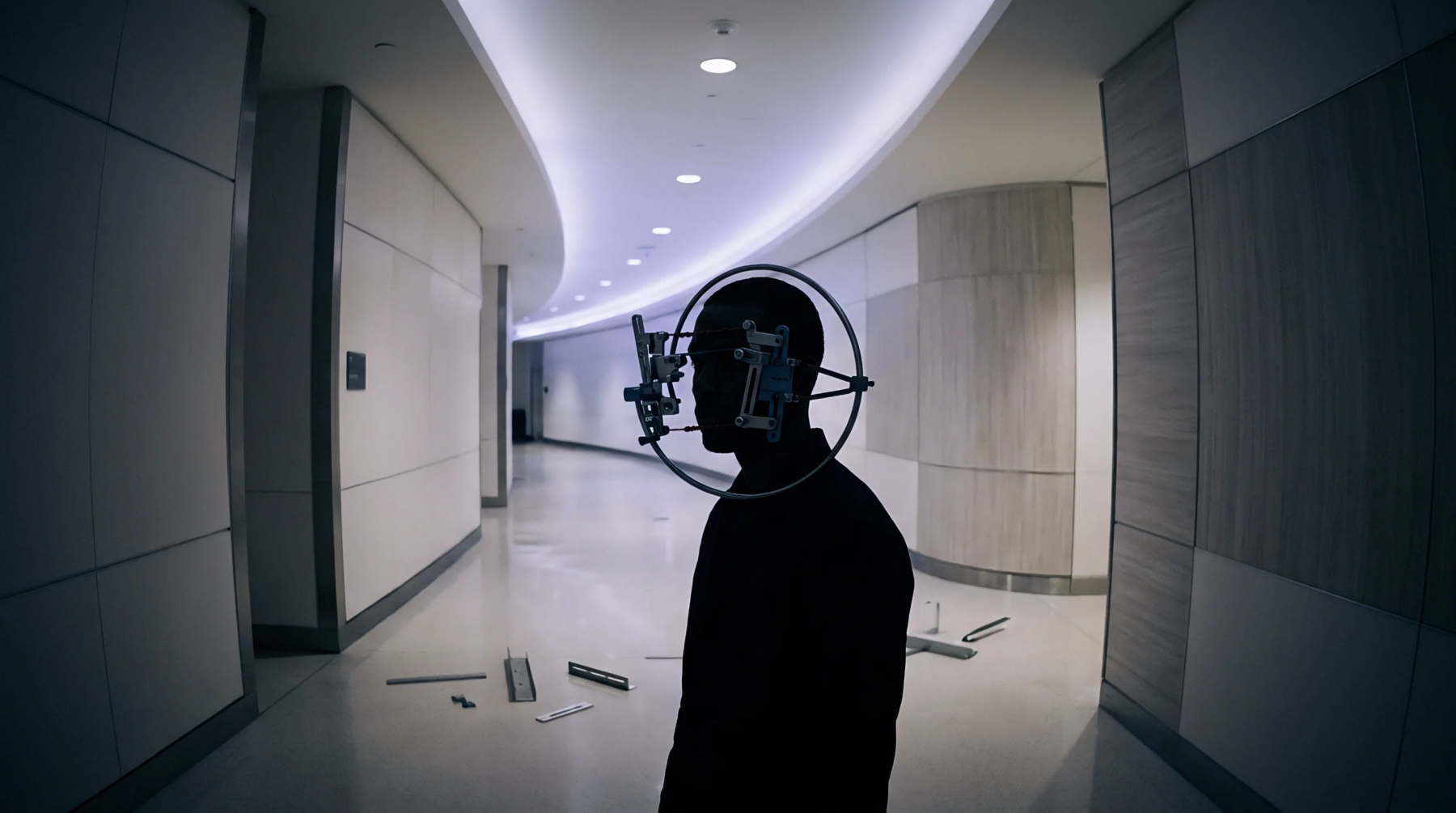 A dark silhouette stands in a curved white corridor wearing a metallic biometric sensor headgear frame during prototype evaluation.
