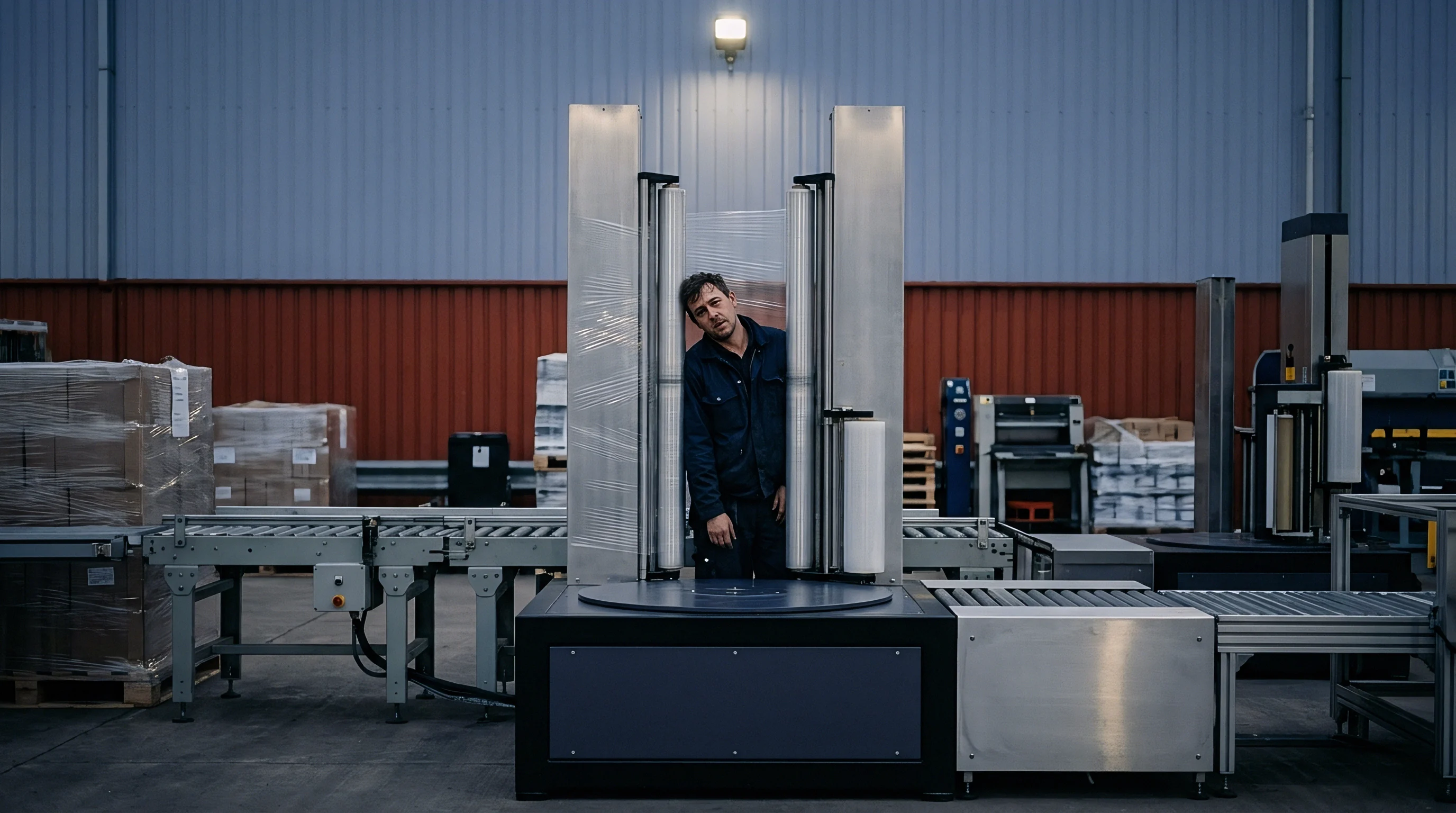 A digital illustration depicts a person standing inside the circular platform of an automated stretch wrapping machine positioned within an industrial warehouse environment.