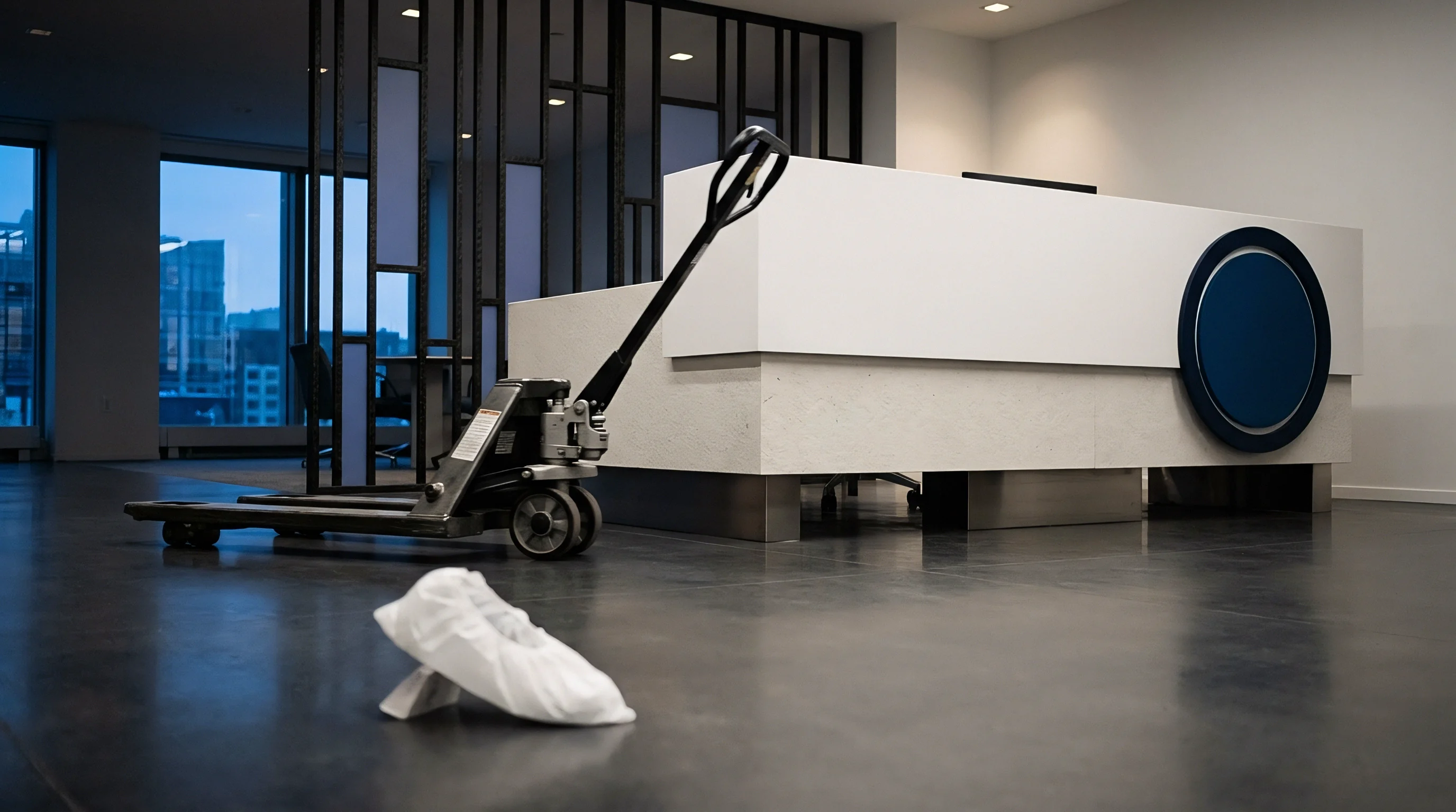 A manual hydraulic pallet truck and disposable polyethylene shoe covers rest on a polished concrete floor inside an industrial reception area.